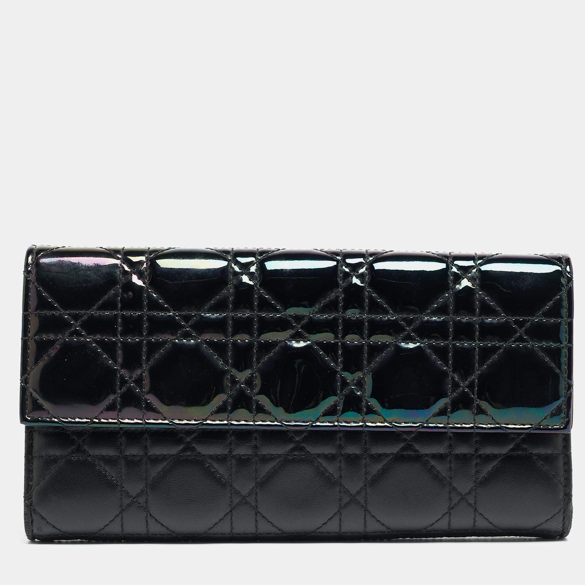Pre Owned Dior Black Iridescent Cannage Patent and Leather Lady Dior Flap Wallet
