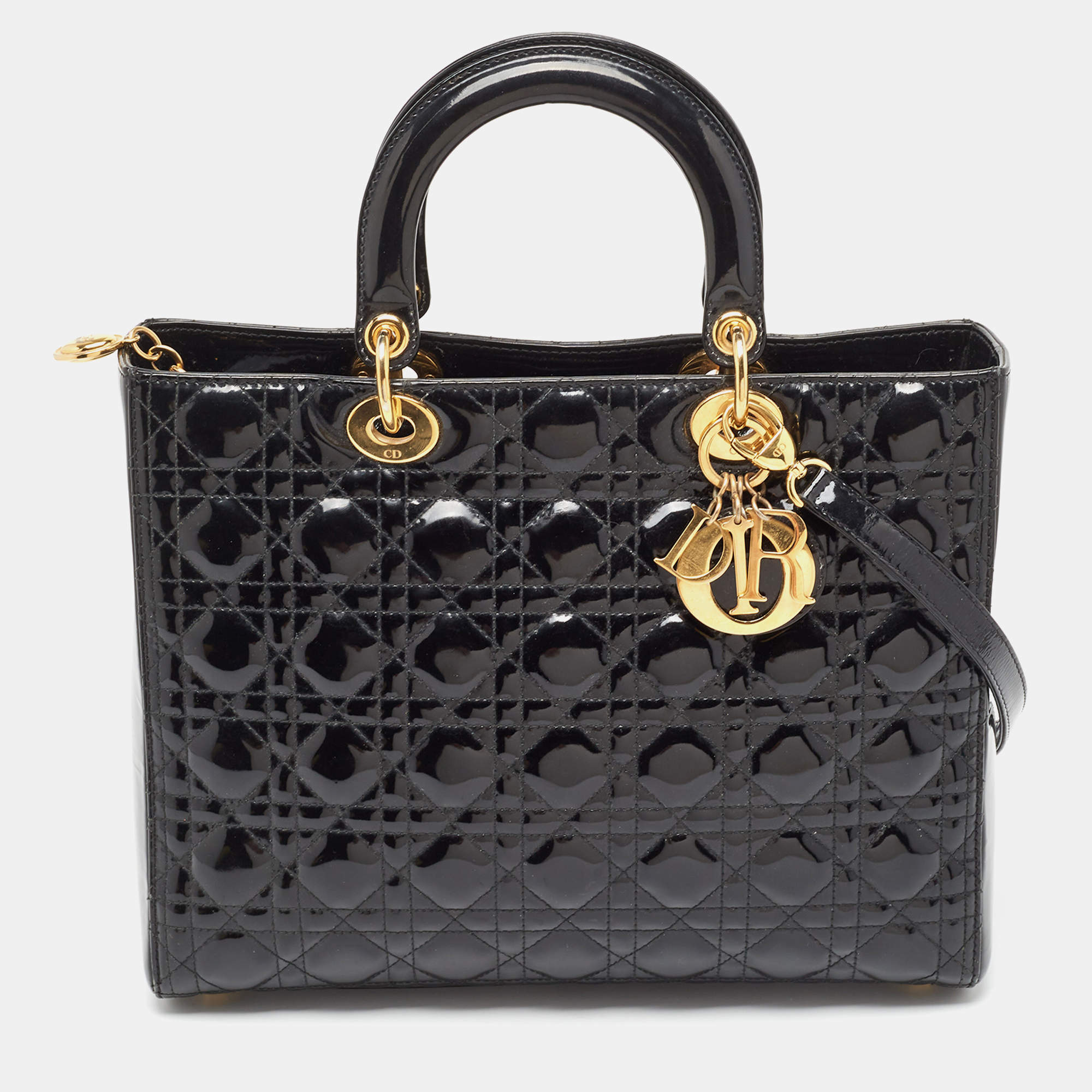 Pre Owned Dior Black Cannage Patent Leather Large Lady Dior Tote