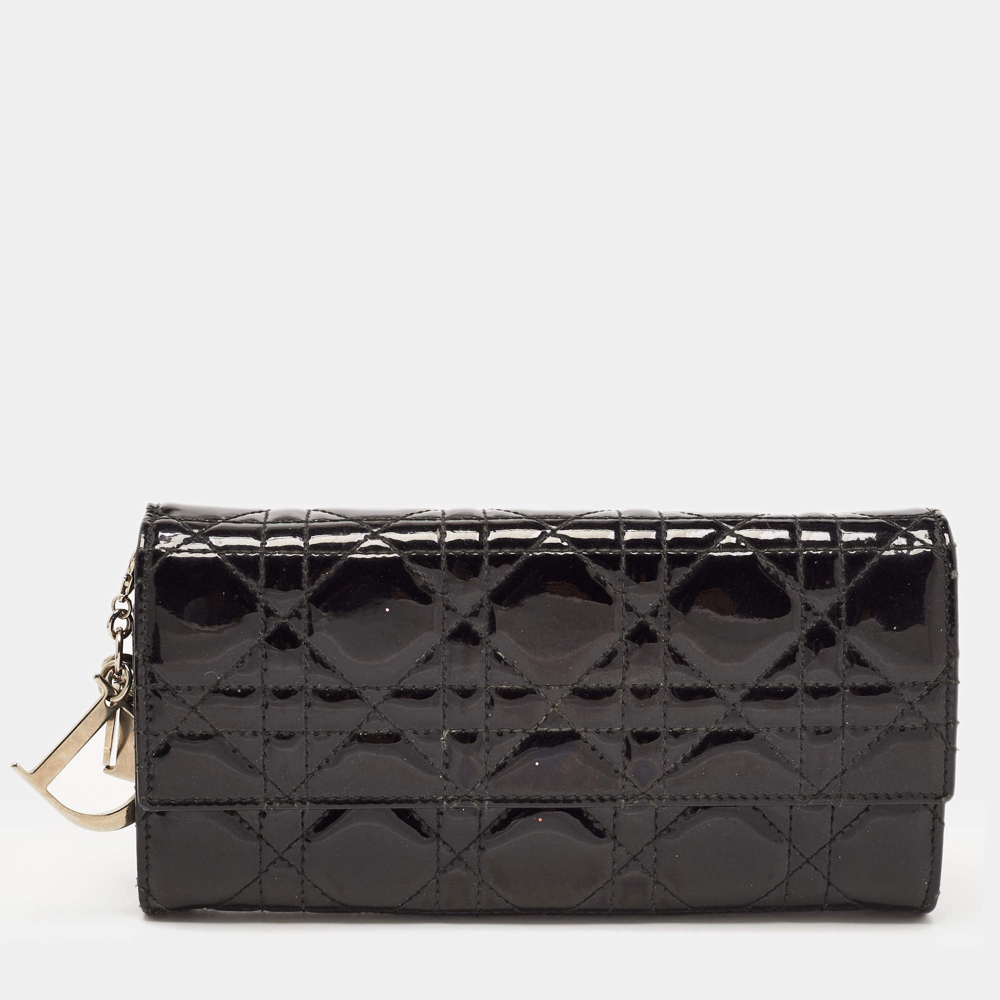 Pre Owned Dior Black Cannage Patent Leather Lady Dior Continental Wallet