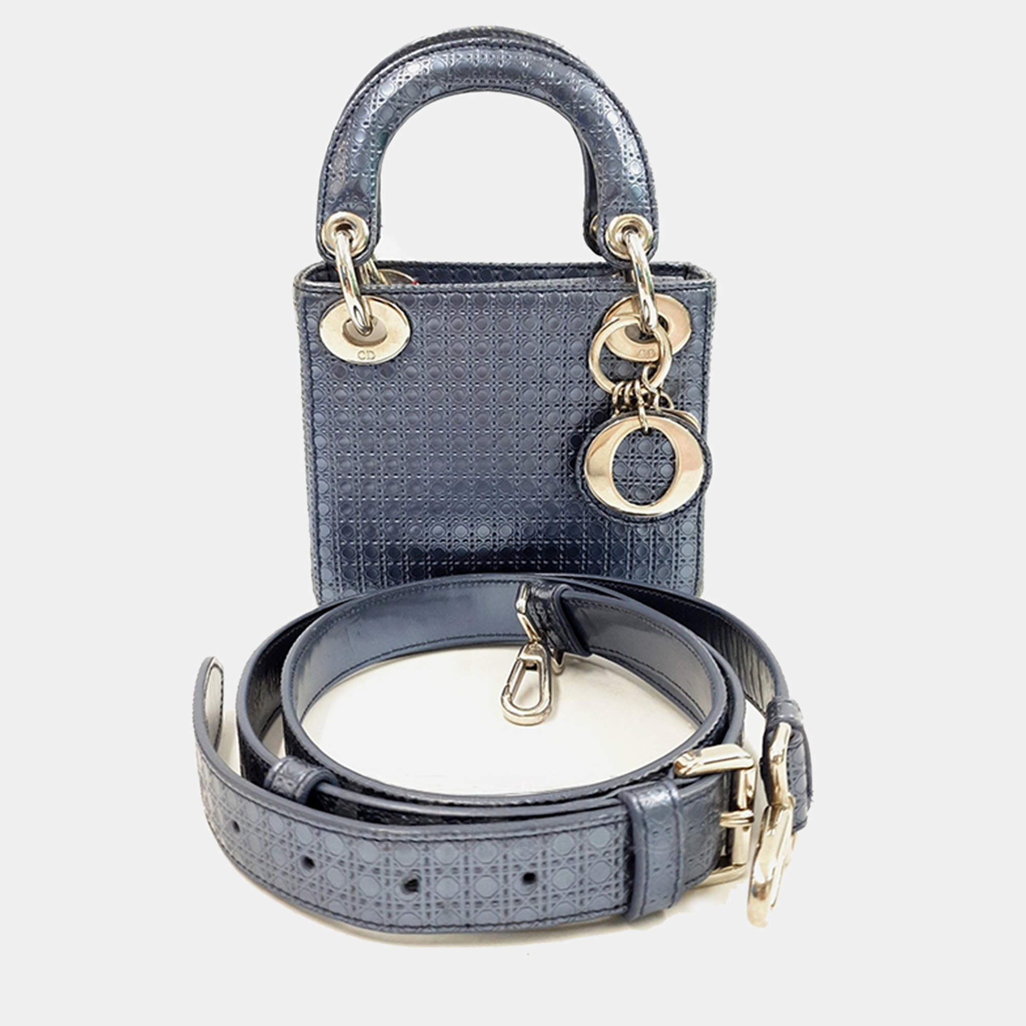 Pre Owned Christian Dior Grey Metallic Leather Micro Cannage Mini Lady Dior Bag