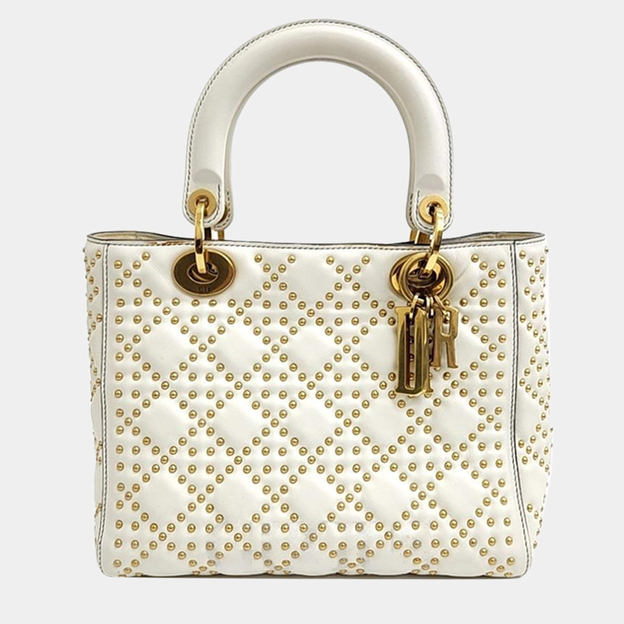 Christian Dior Ivory Leather Studded Cannage Medium Lady Dioe Top Handle Bag Dior TLC