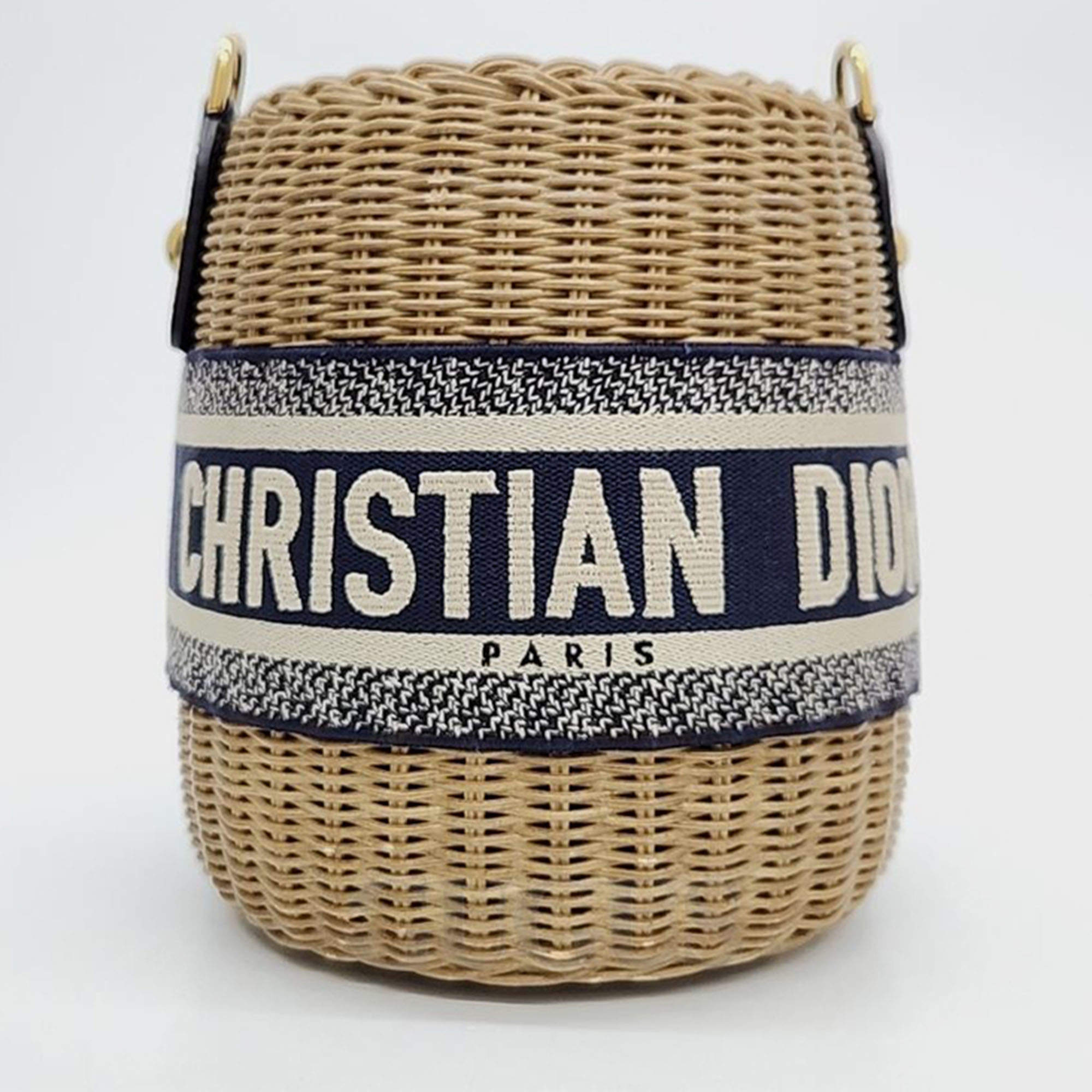 Christian Dior Blue/Beige Straw and Canvas Wicker Oblique Drawstring Bucket Bag 