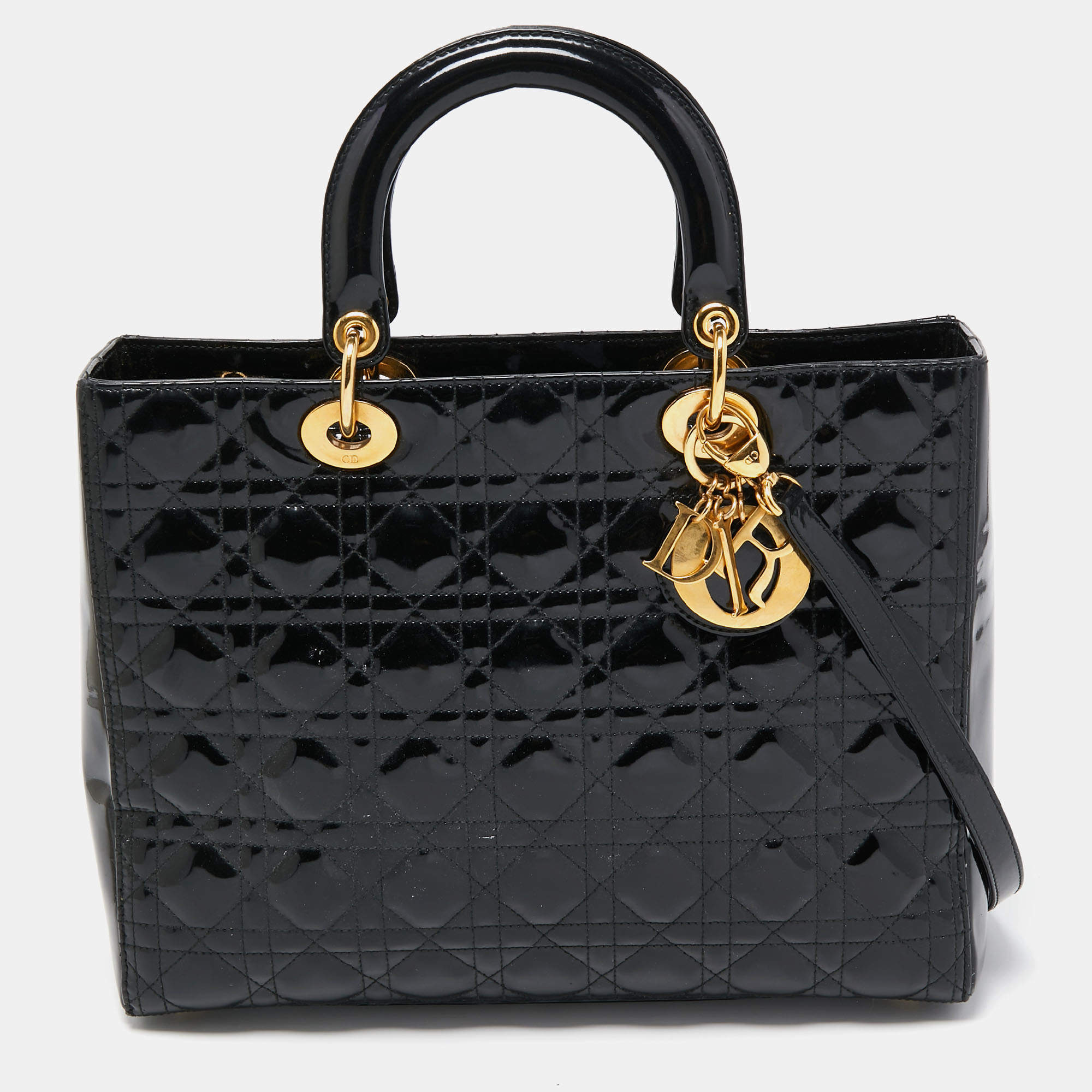 Pre Owned Dior Black Cannage Patent Leather Large Lady Dior Tote