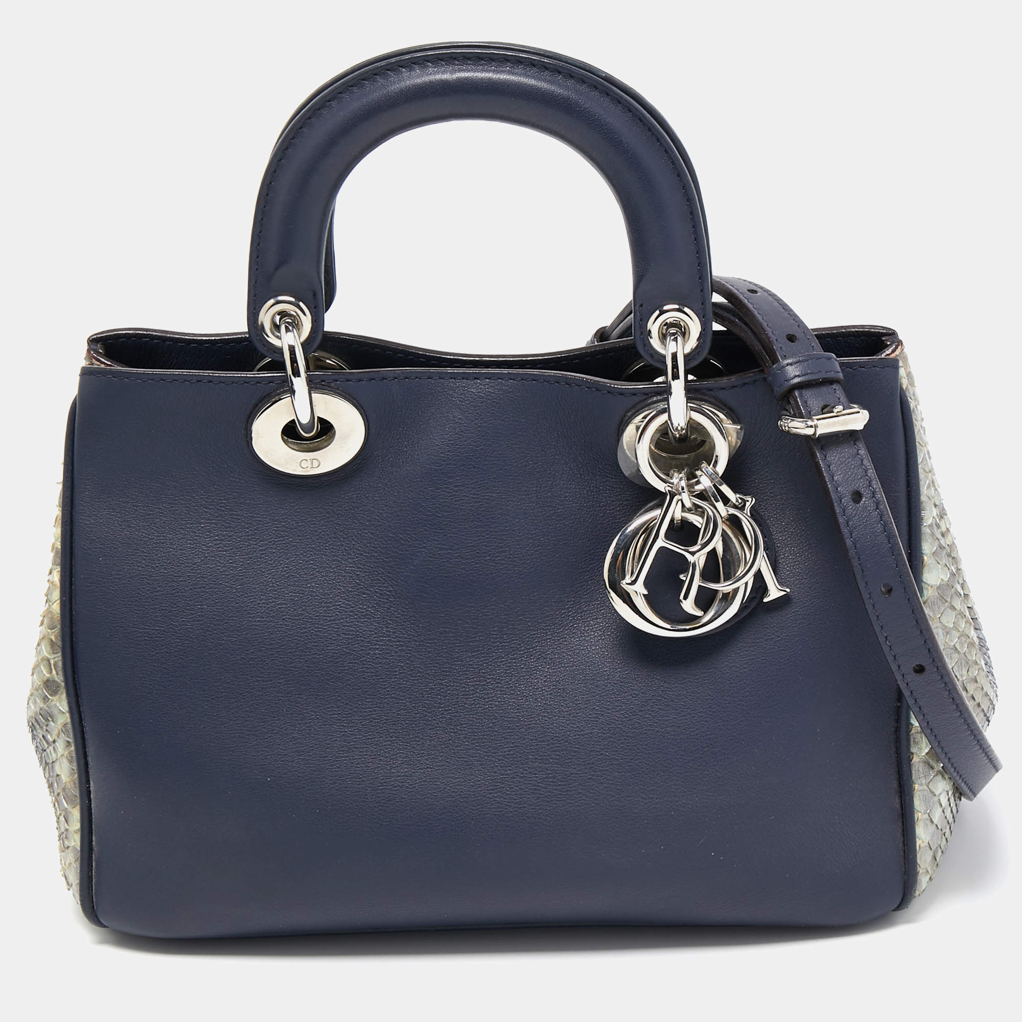 Pre Owned Dior Blue/Beige Python and Leather Small Diorissimo Tote