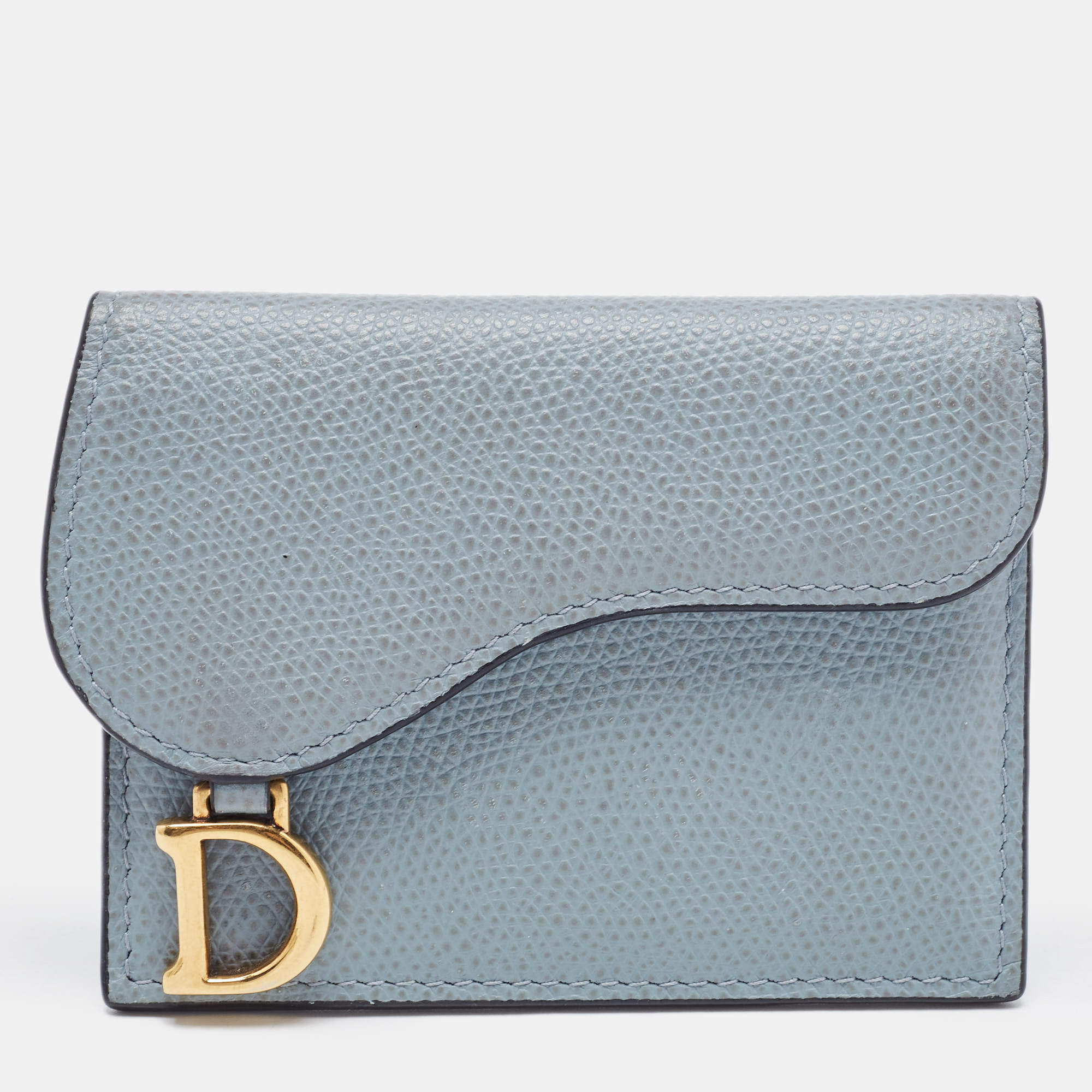 Pre Owned Dior Light Blue Leather Saddle Flap Card Case