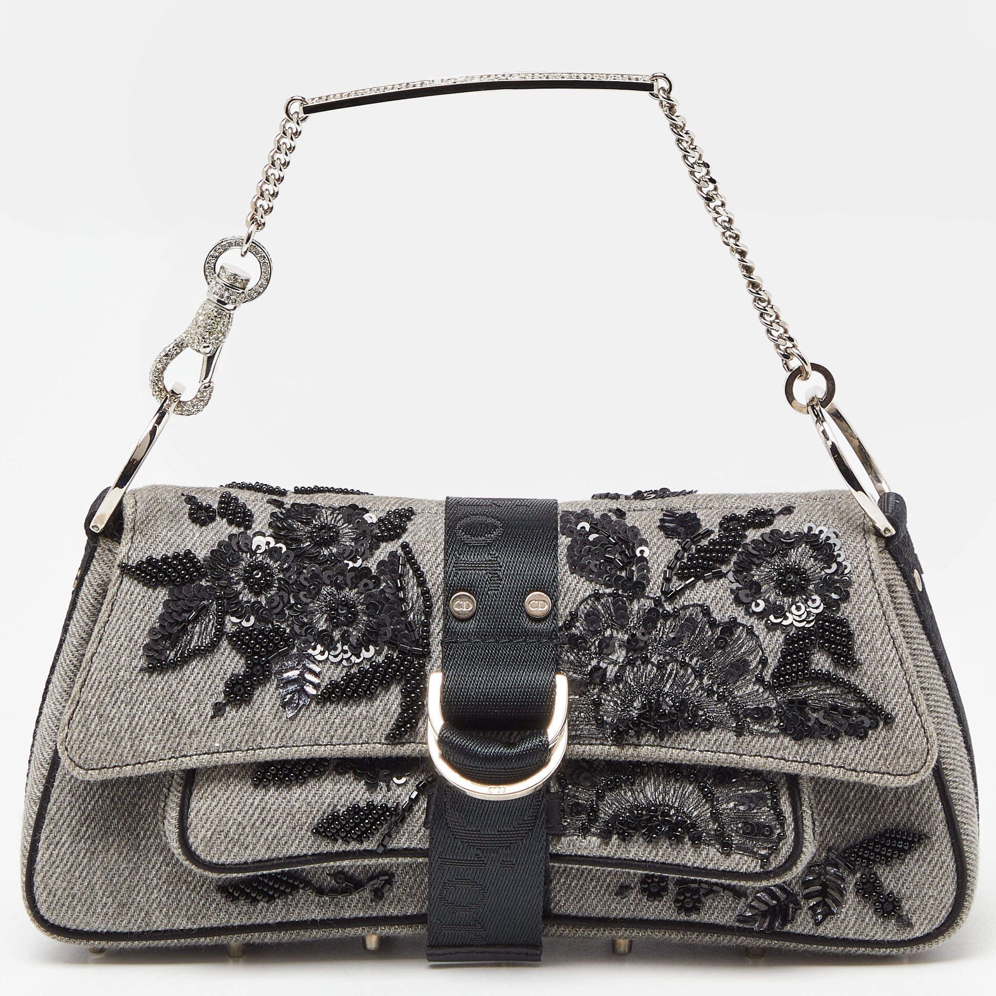 Pre Owned Dior Grey Canvas Hardcore Sequin/Bead Embellished Baguette Bag