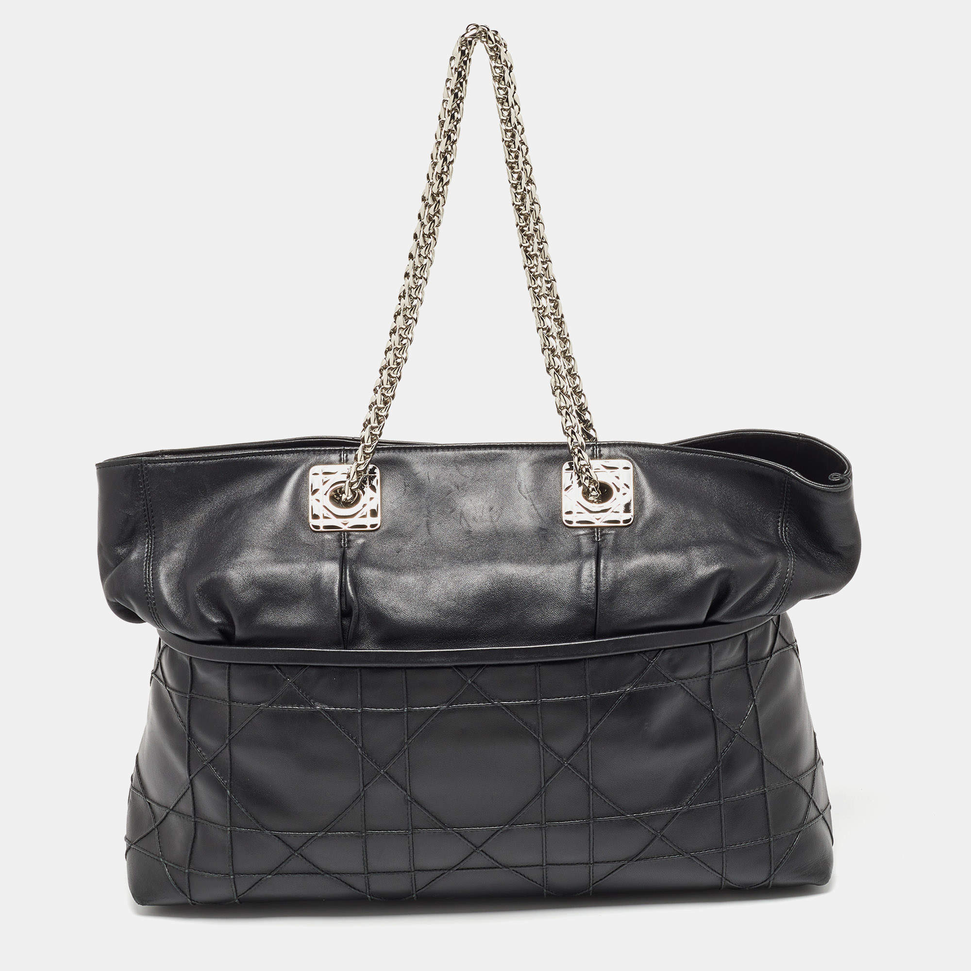 Pre Owned Dior Black Cannage Leather Granville Chain Link Tote
