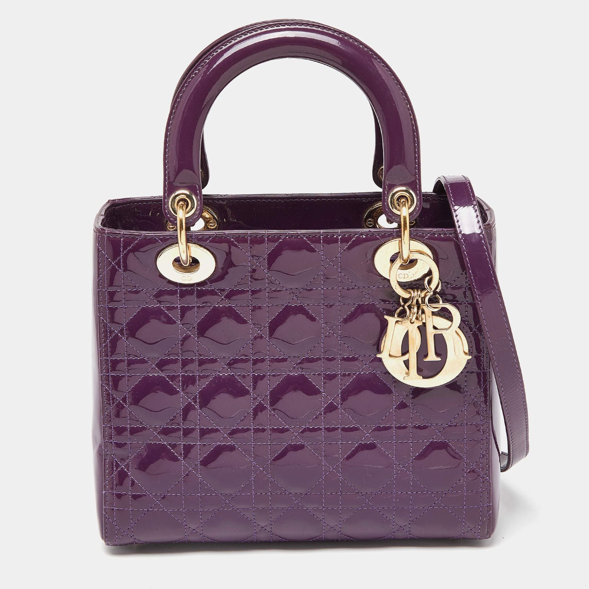 Pre Owned Dior Purple Cannage Patent Leather Medium Lady Dior Tote