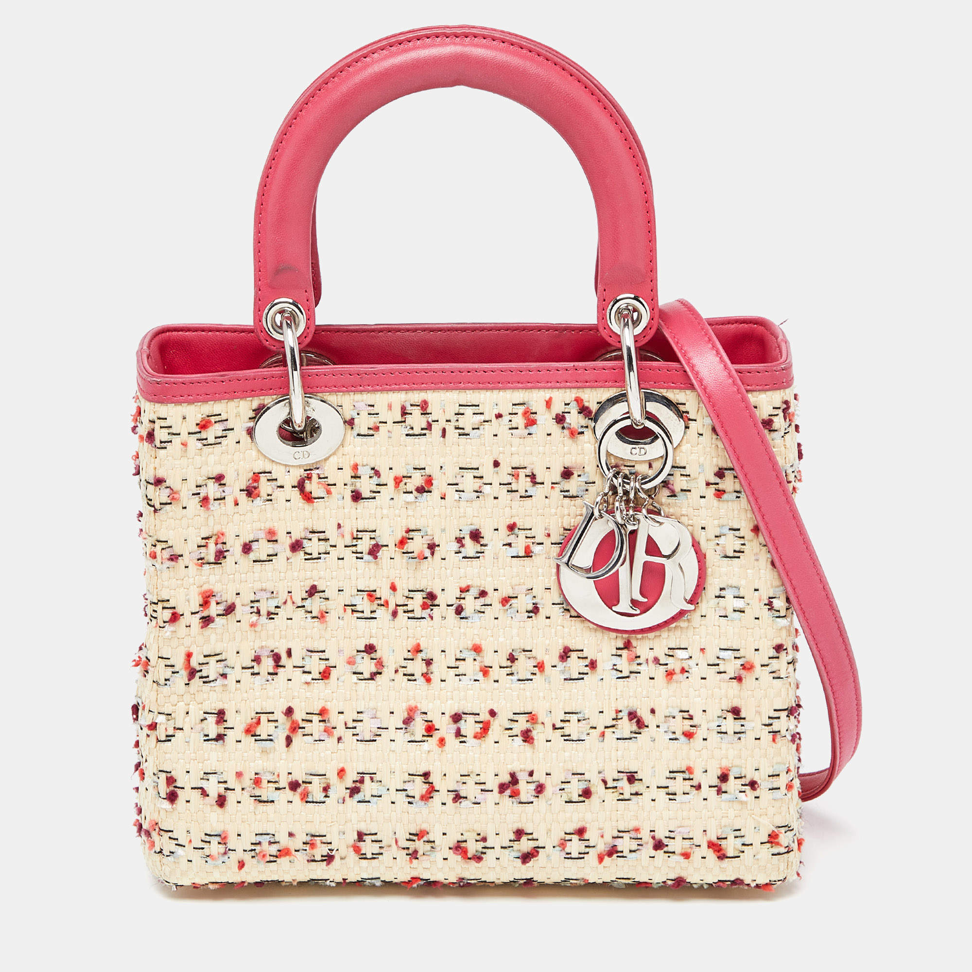 Pre Owned Dior Beige/Pink Raffia,Tweed and Leather Medium Lady Dior Tote