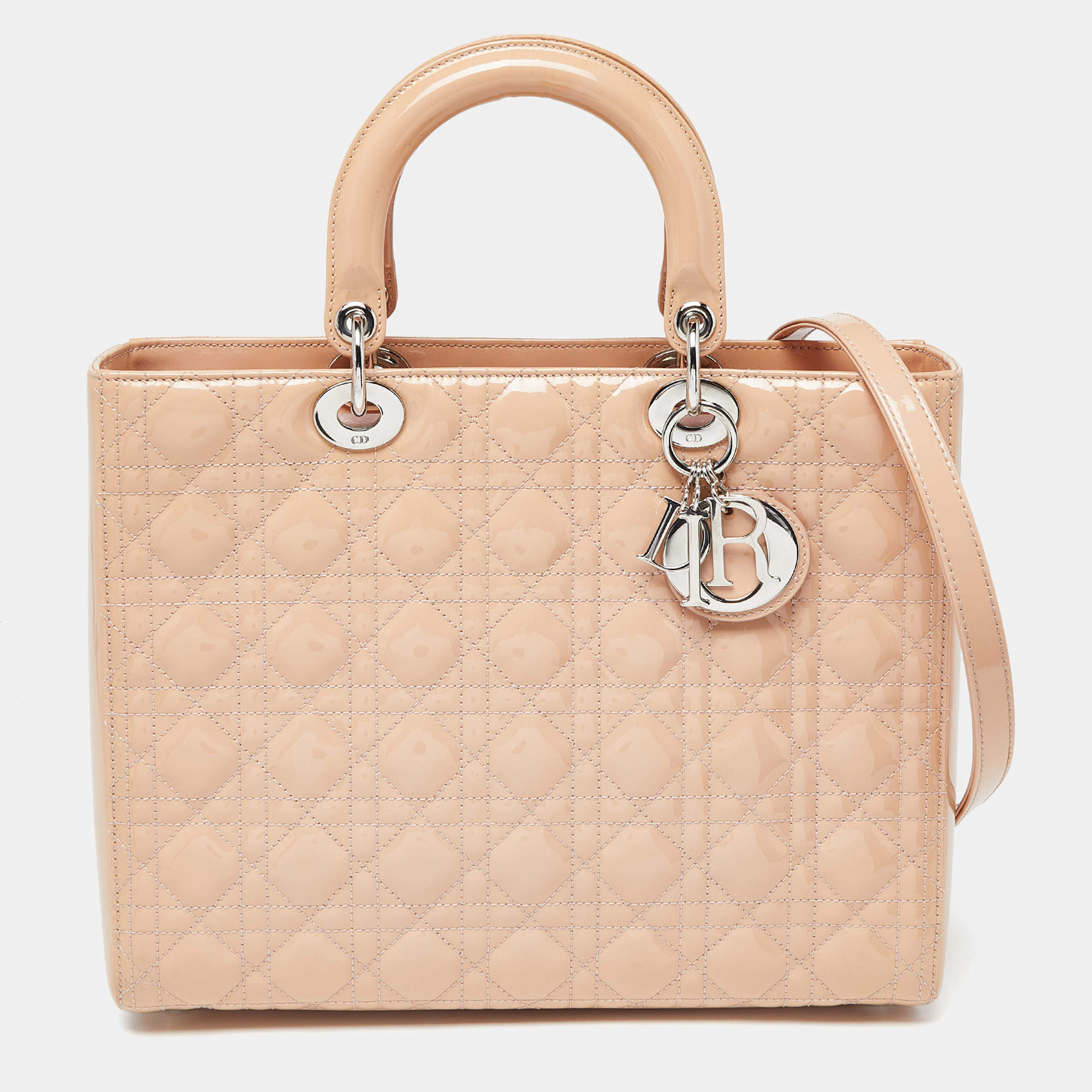 Pre Owned Dior Beige Cannage Patent Leather Large Lady Dior Tote