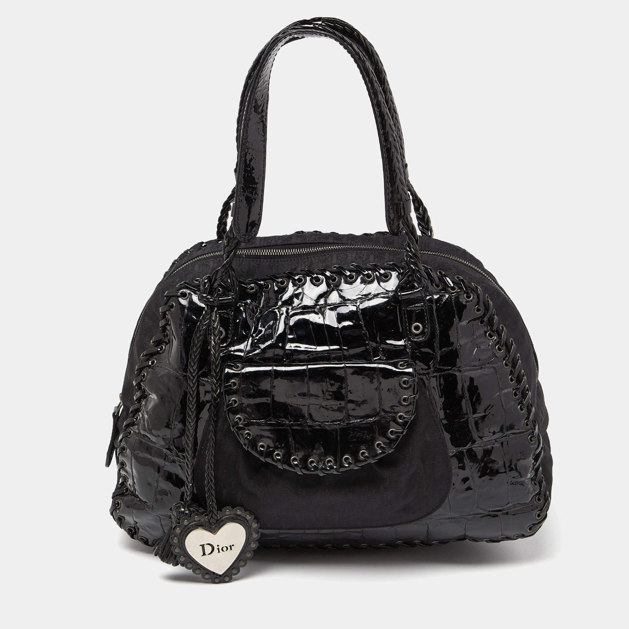 Pre Owned Dior Black Oblique Nylon and Croc Patent Leather Ethnic Braided Bag