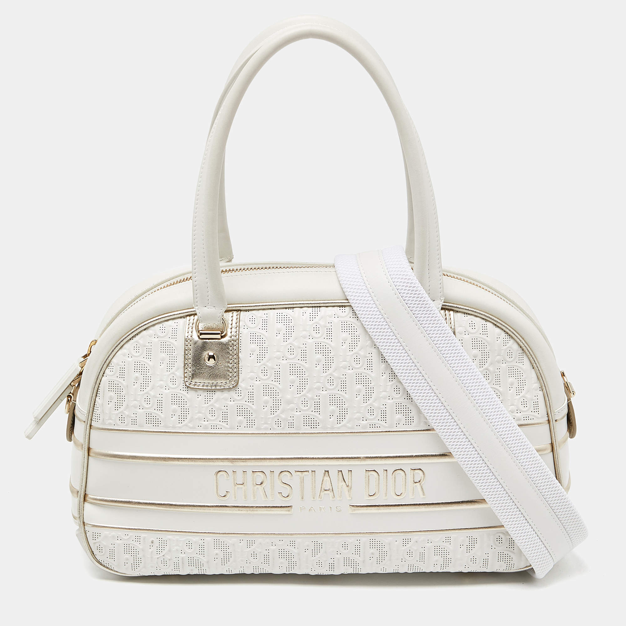 Pre Owned Dior White/Gold Perforated Oblique Leather and Rubber Medium Vibe Bowler Bag