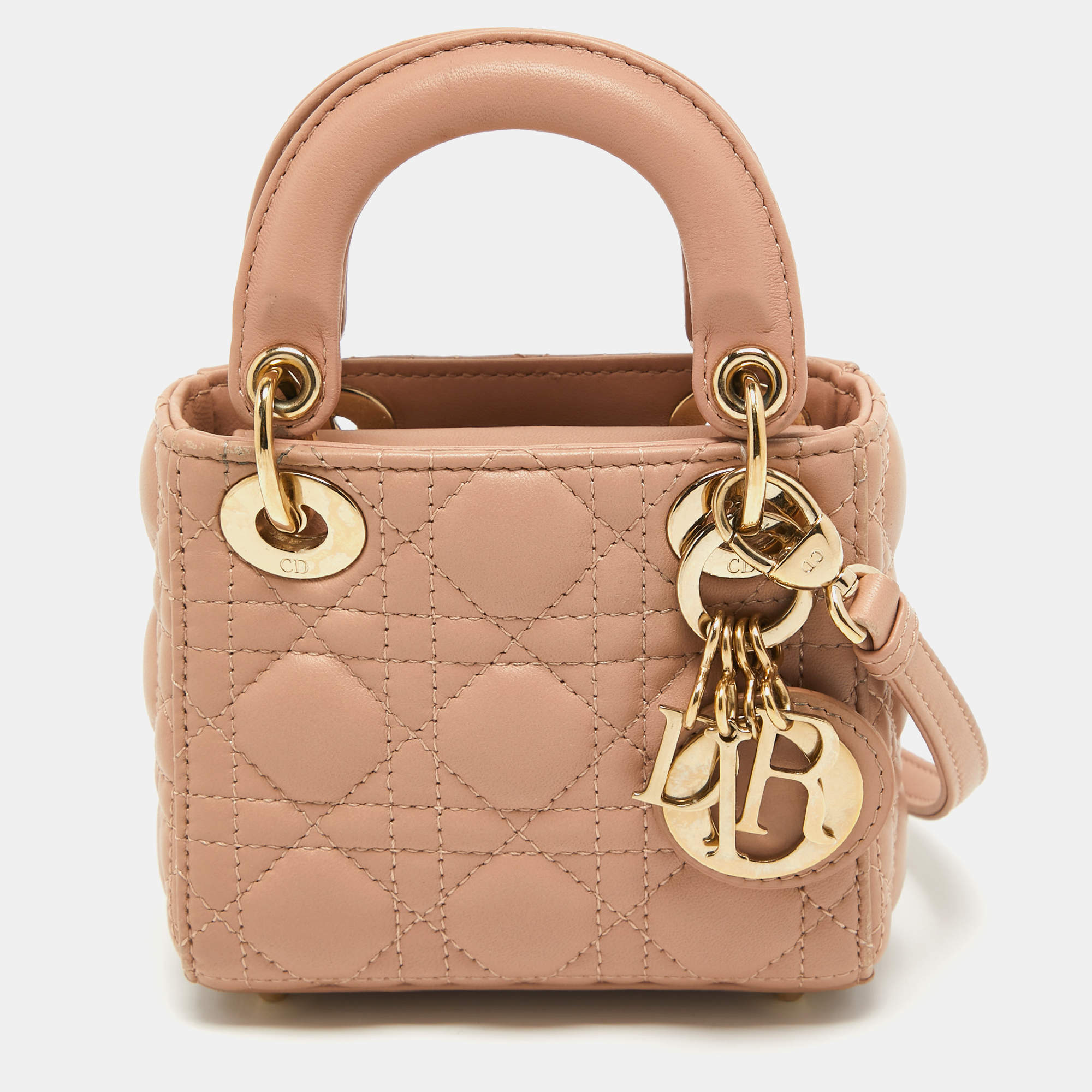 Pre Owned Dior Beige Cannage Leather Micro Lady Dior Tote
