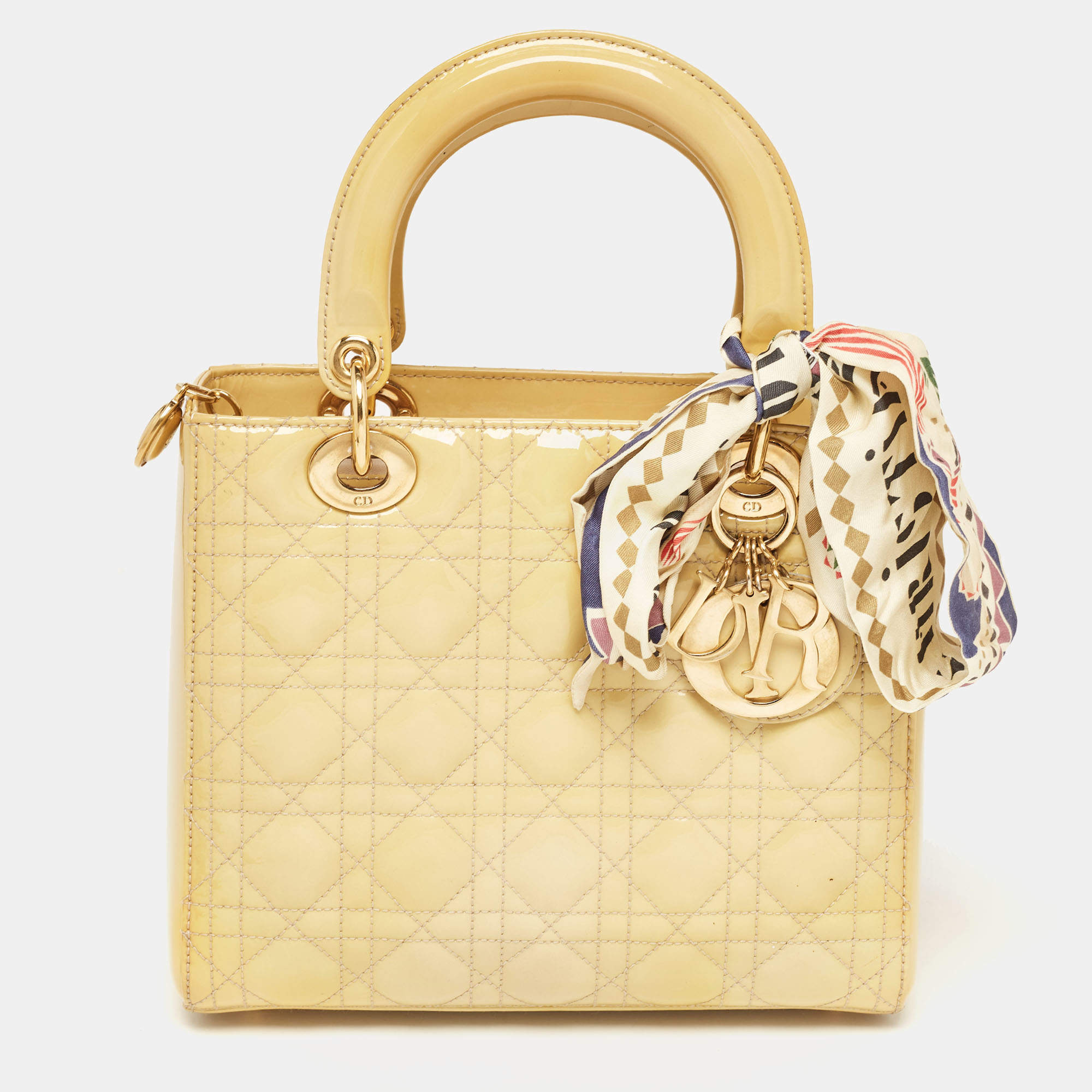 Pre Owned Dior Beige Cannage Patent Leather Medium Lady Dior Tote