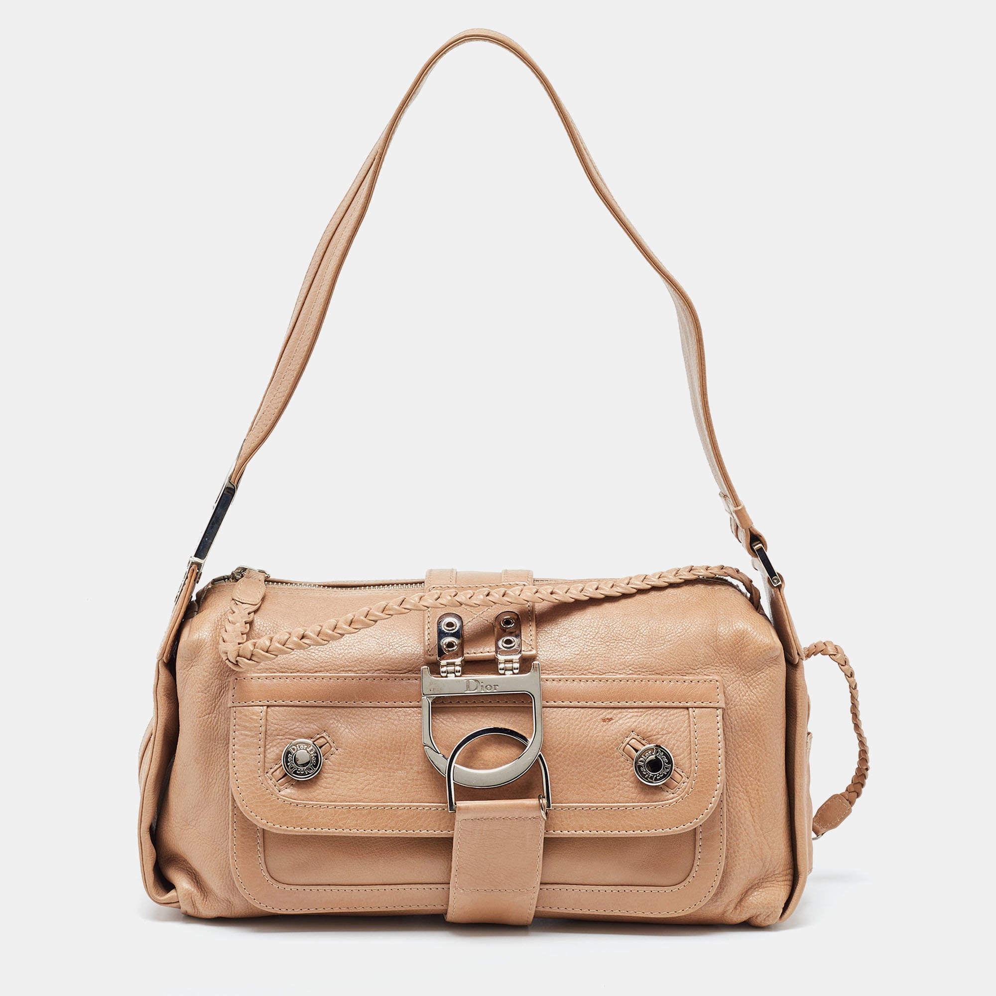 Pre Owned Dior Beige Leather Zip Shoulder Bag