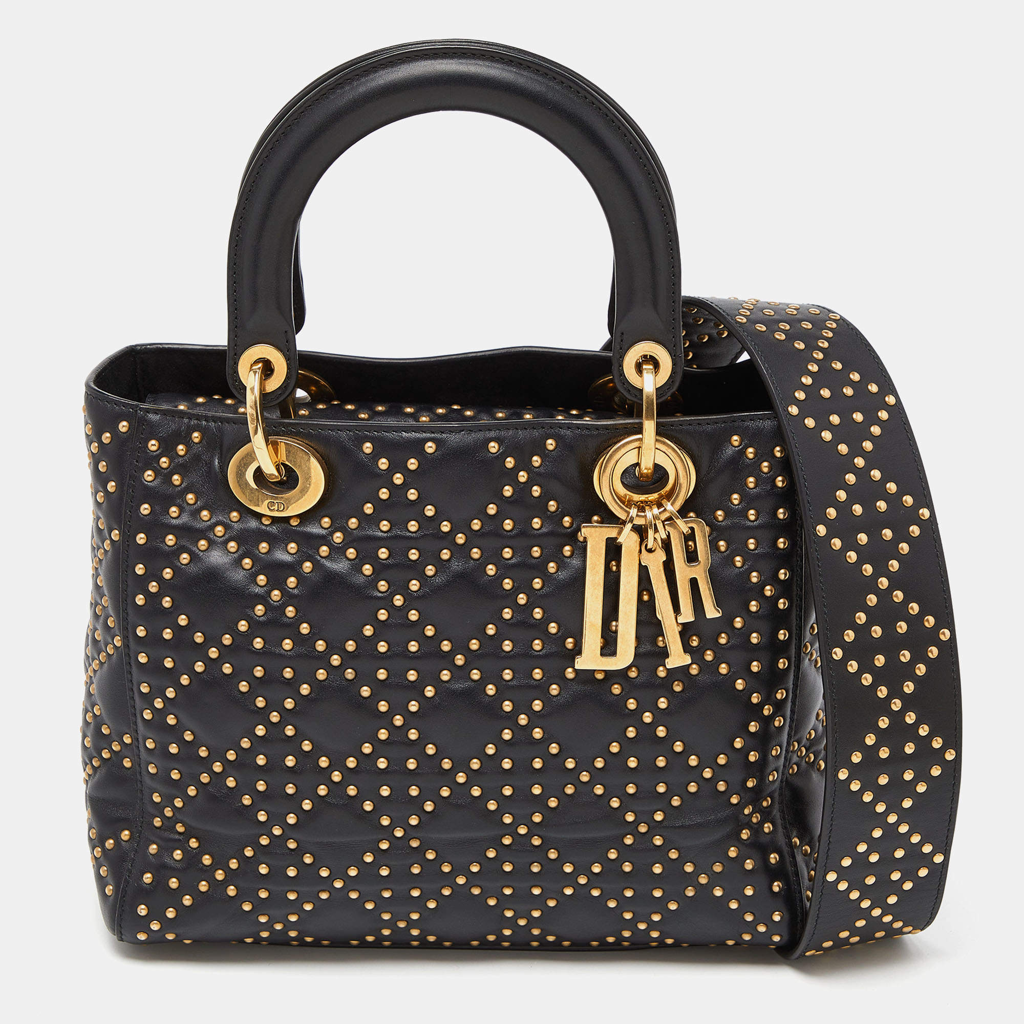 Pre Owned Dior Black Leather Medium Studded Supple Lady Dior Tote