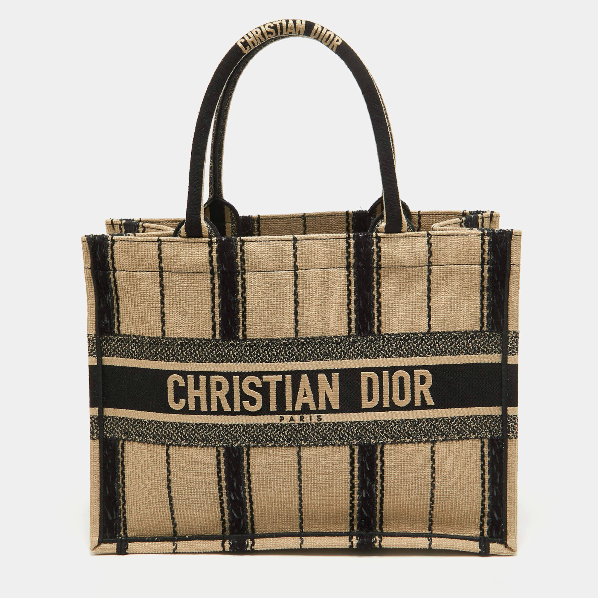 Pre Owned Dior Black/Beige Embroidered Canvas Medium Book Tote