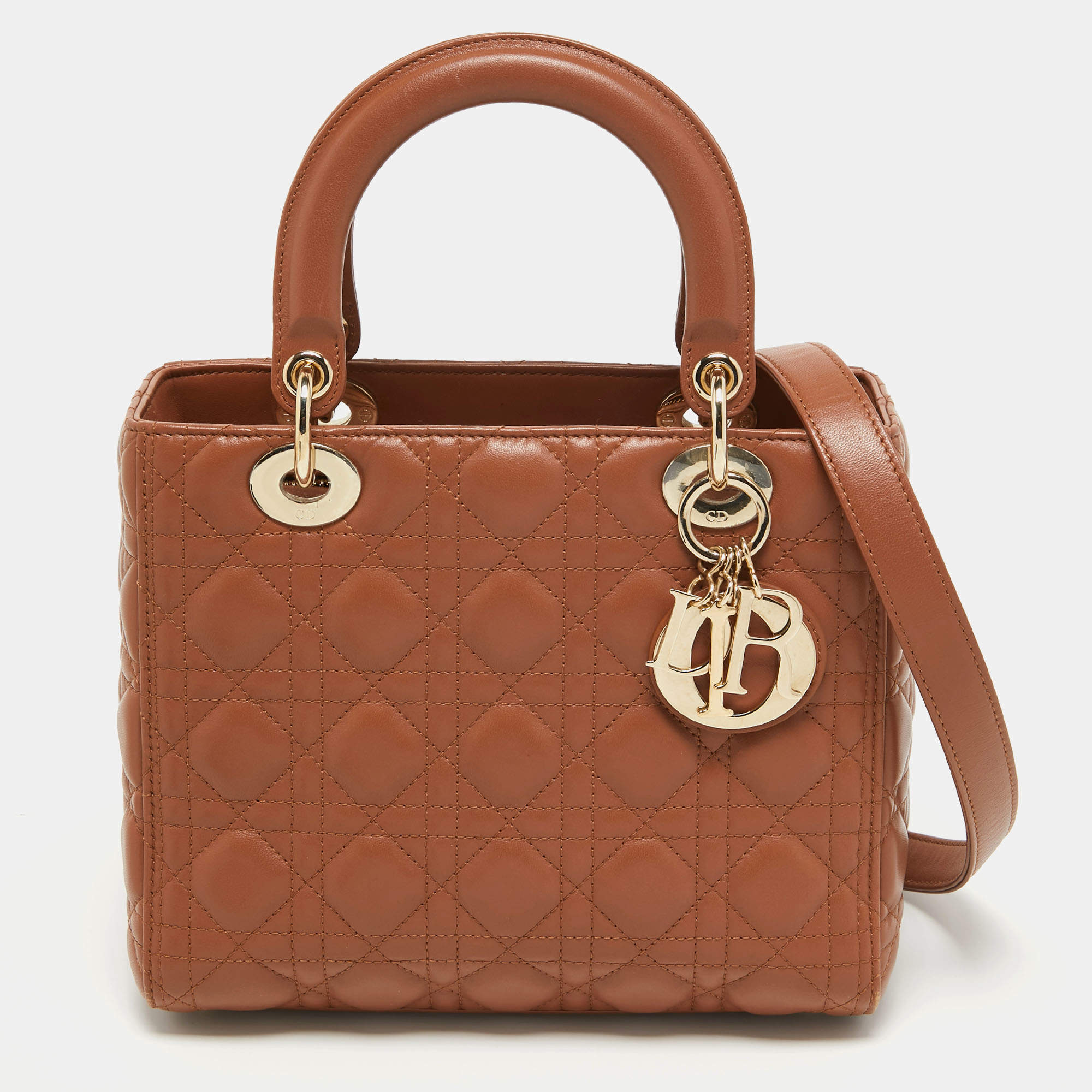 Pre Owned Dior Brown Cannage Leather Medium Lady Dior Tote