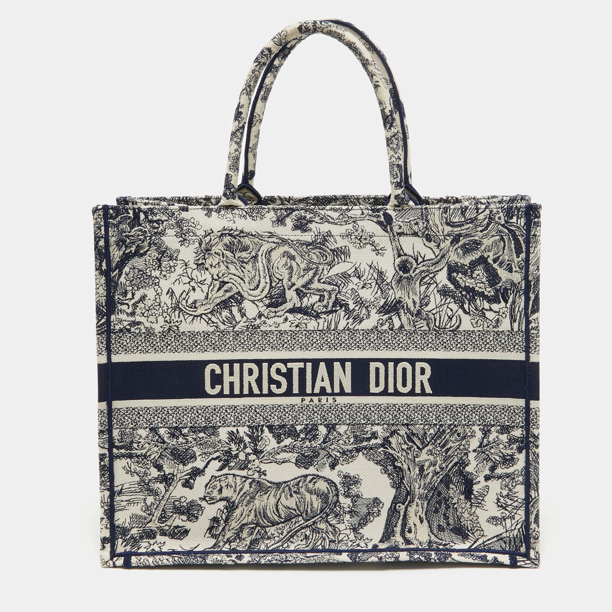 Dior Navy Blue/White Toile De Jouy Embroidery Canvas Large Book Tote