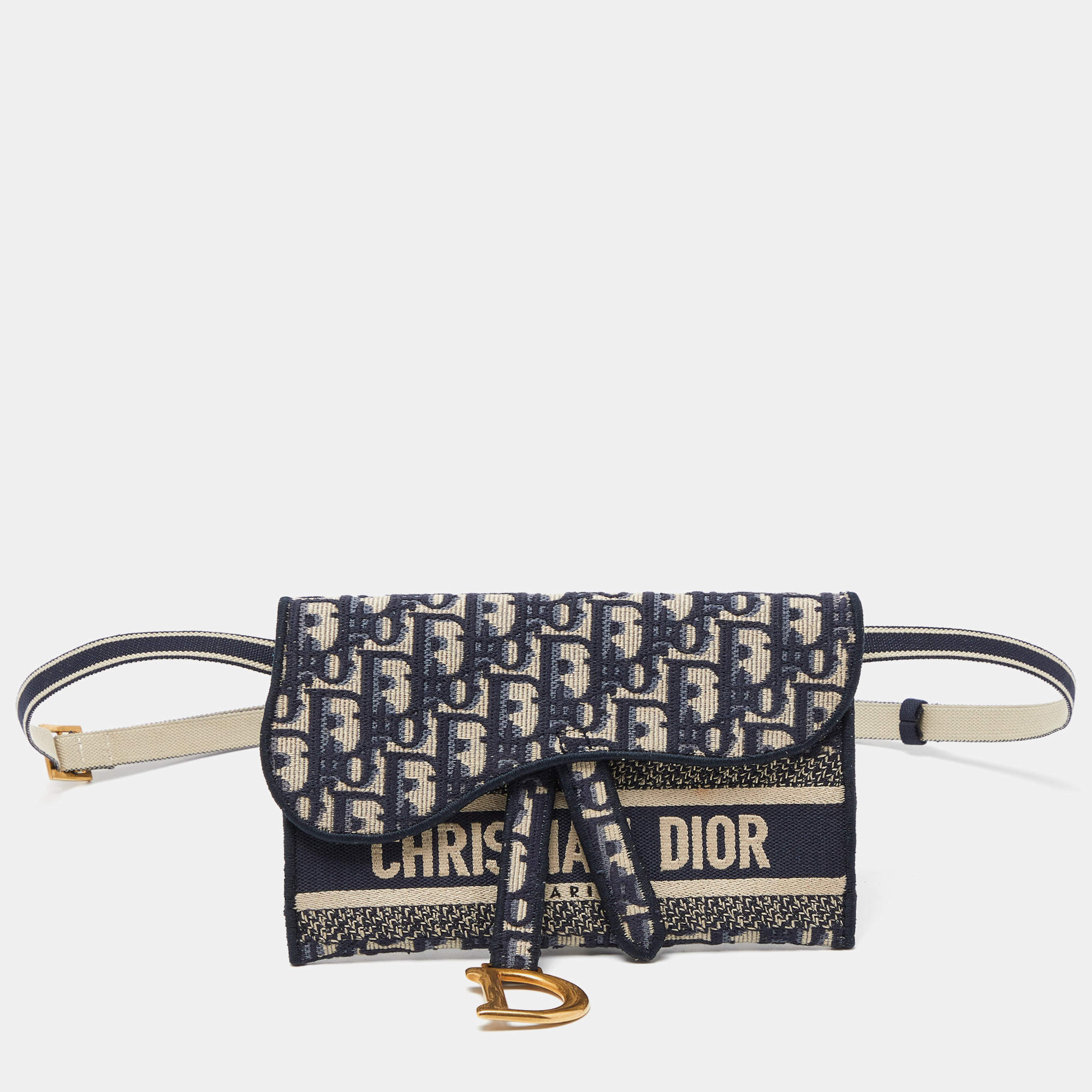 Pre Owned Dior Navy Blue/White Oblique Canvas and Leather Saddle Belt Bag