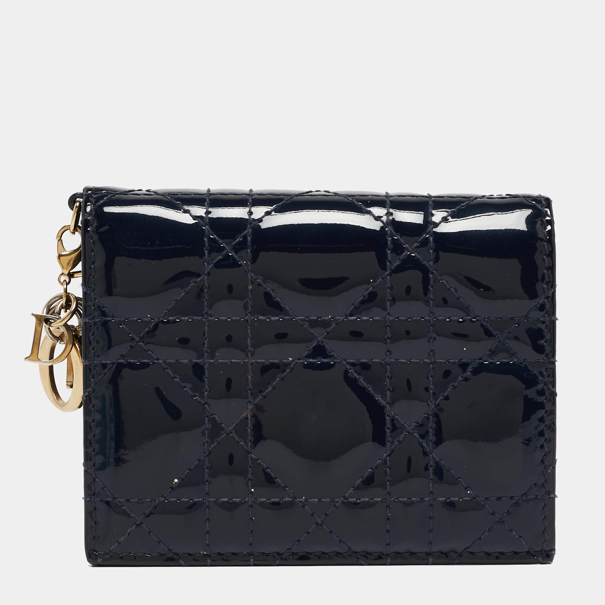 Pre Owned Dior Navy Blue Cannage Patent Leather Mini Lady Dior Wallet