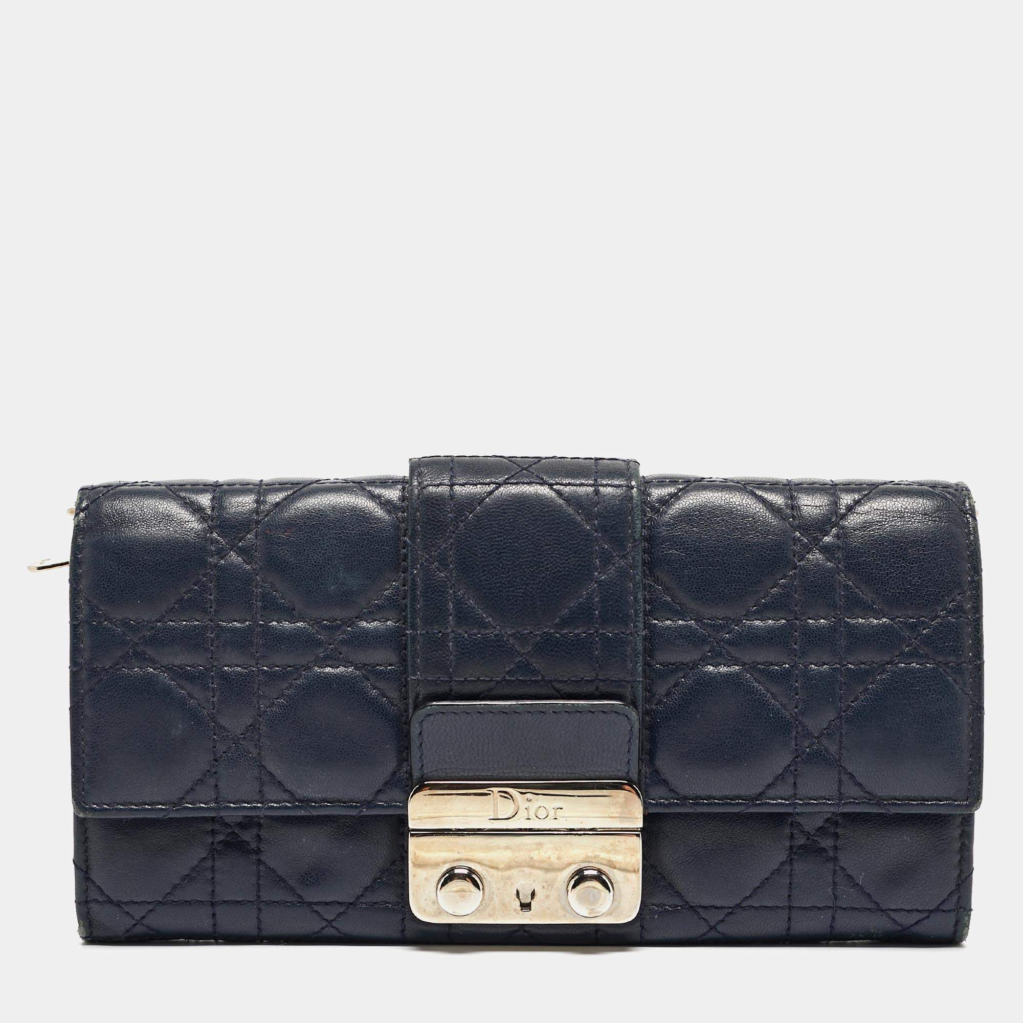 Pre Owned Dior Navy Blue Cannage Leather New Lock Wallet on Chain