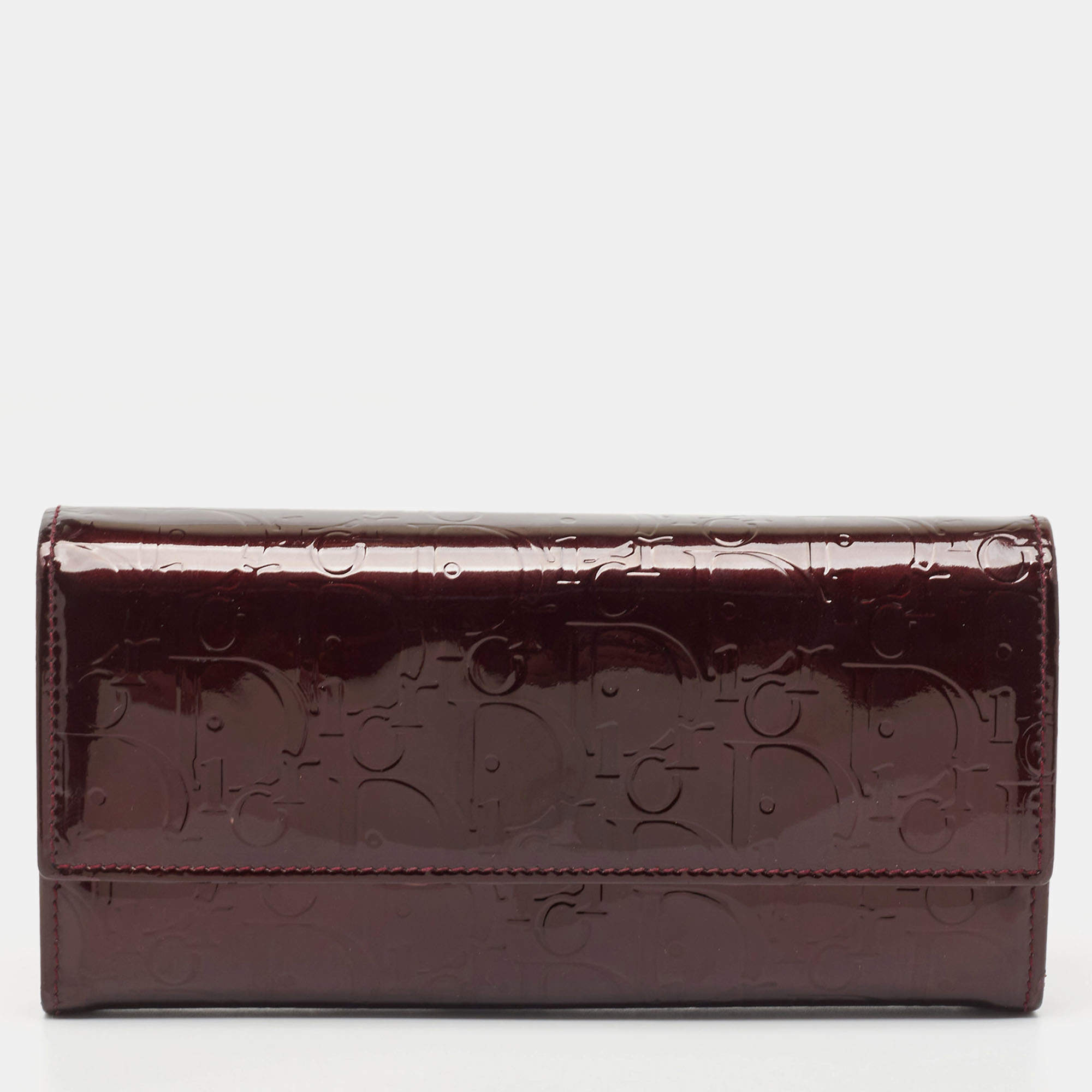 Pre Owned Dior Burgundy Oblique Embossed Patent Leather Continental Wallet