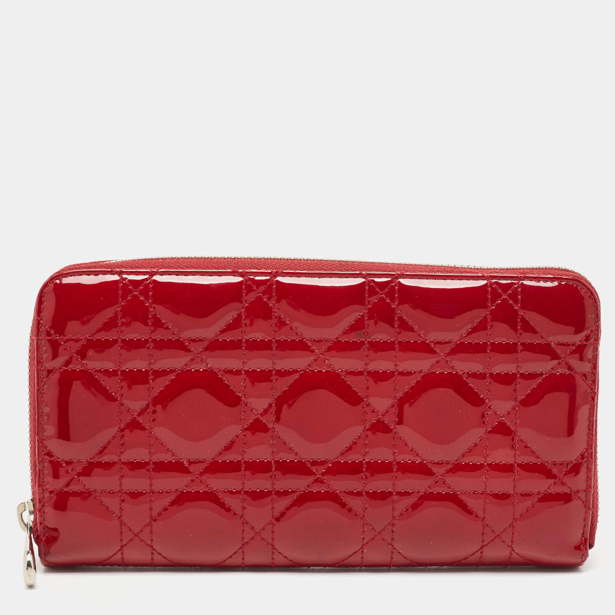 Dior Red Cannage Patent Leather Lady Dior Zip Around Wallet
