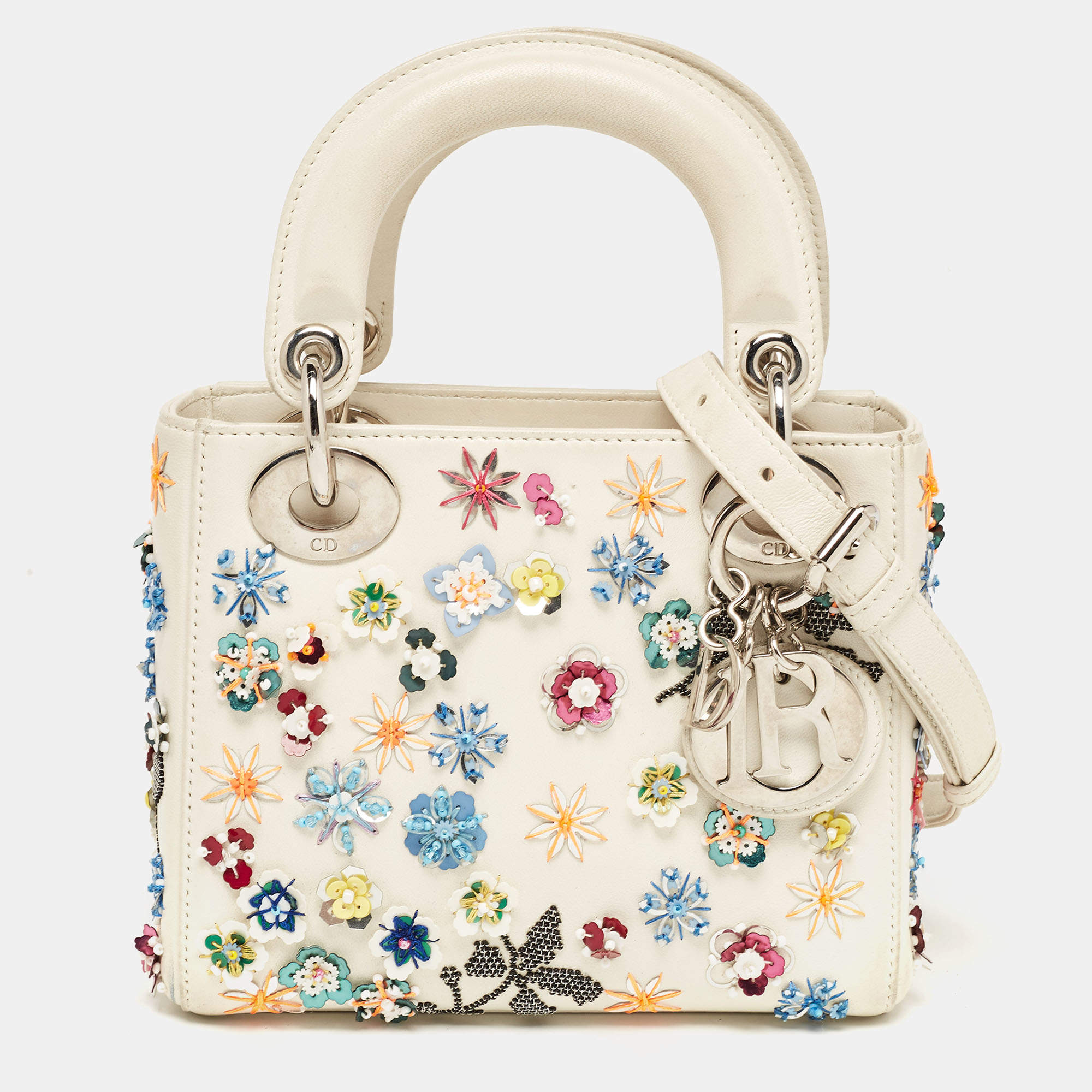 Dior Off White Leather Flower Sequin Mini Lady Dior Tote Dior TLC