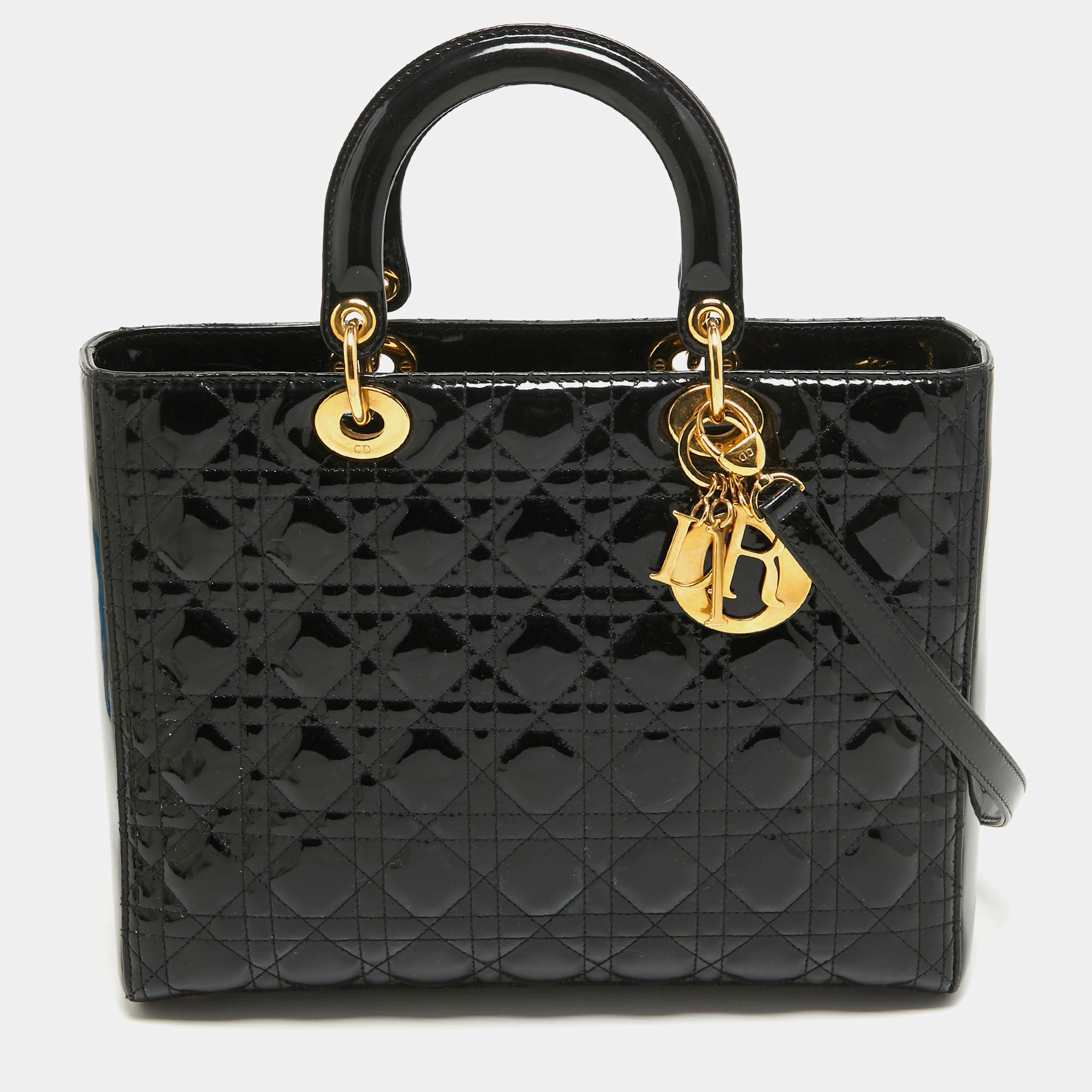 Pre Owned Dior Black Cannage Patent Leather Large Lady Dior Tote