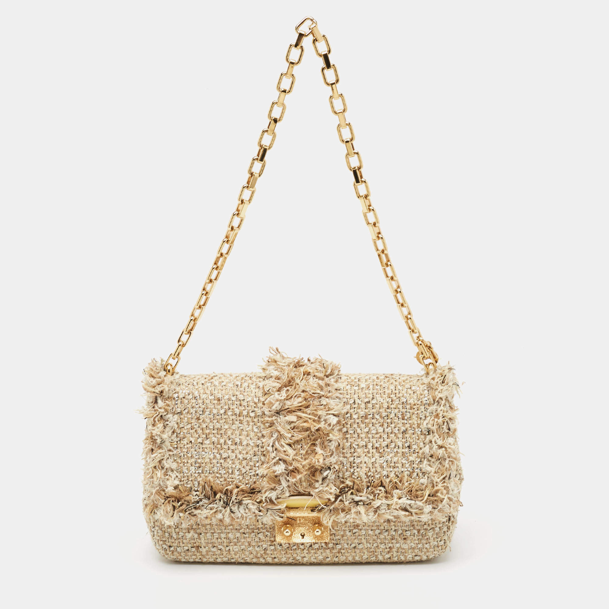 Pre Owned Dior Gold/Beige Tweed Medium Miss Dior Flap Bag