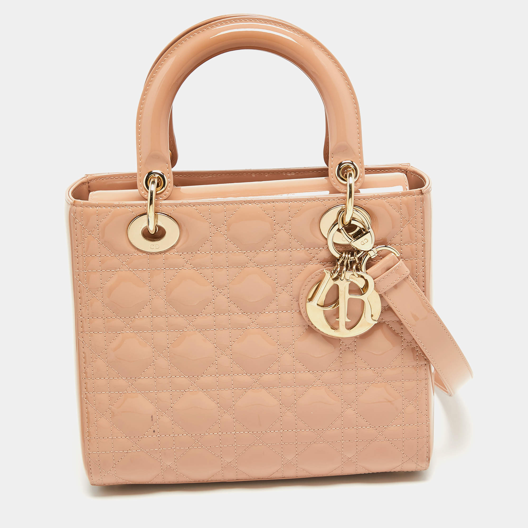 Pre Owned Dior Dusty Pink Cannage Patent Leather Medium Lady Dior Tote