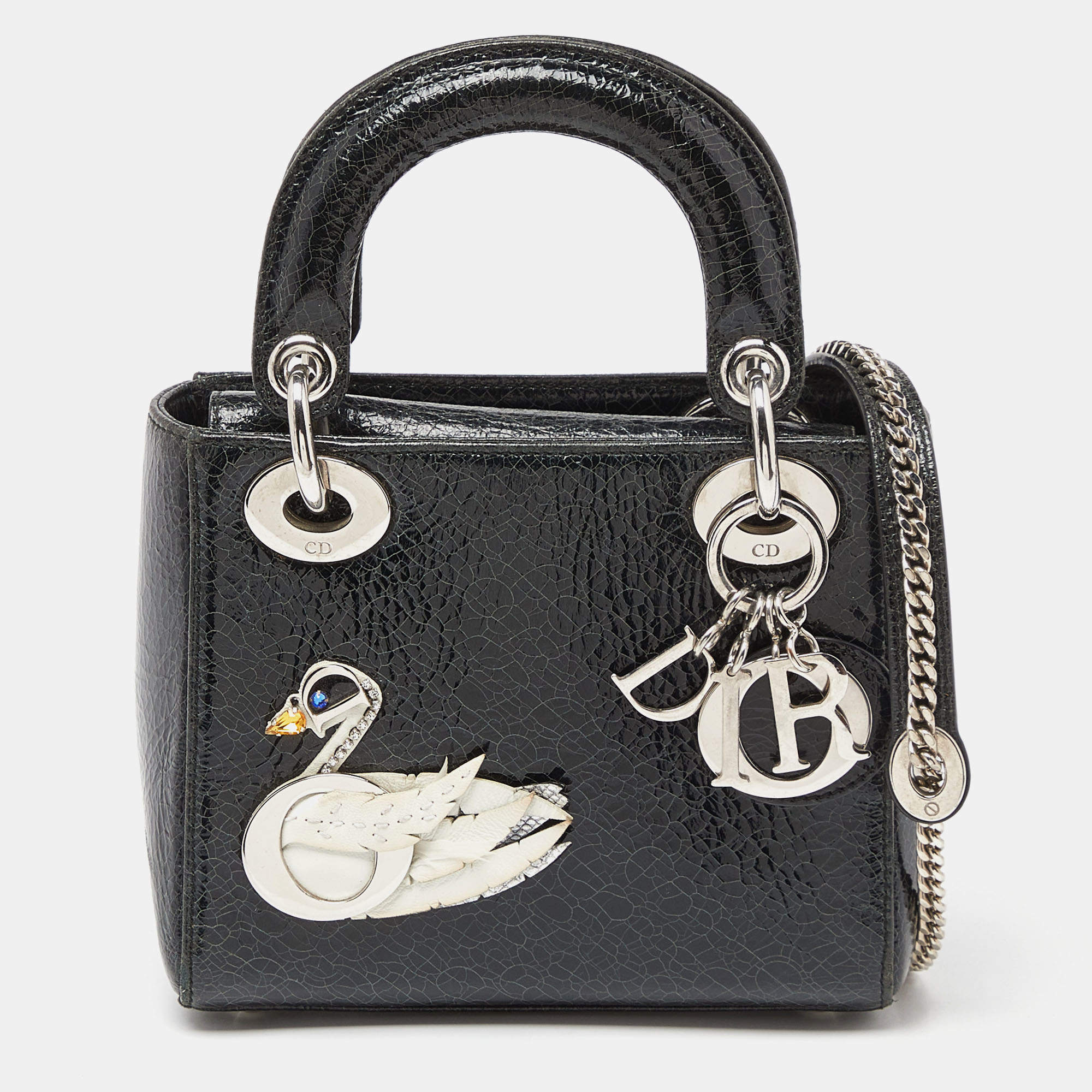 Dior Deep Green Crackled Leather Mini Chain Lady Dior Tote