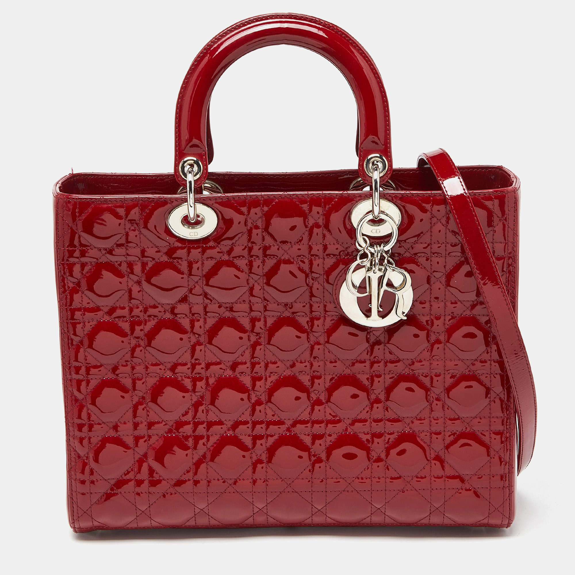 Pre Owned Dior Red Cannage Patent Leather Large Lady Dior Tote