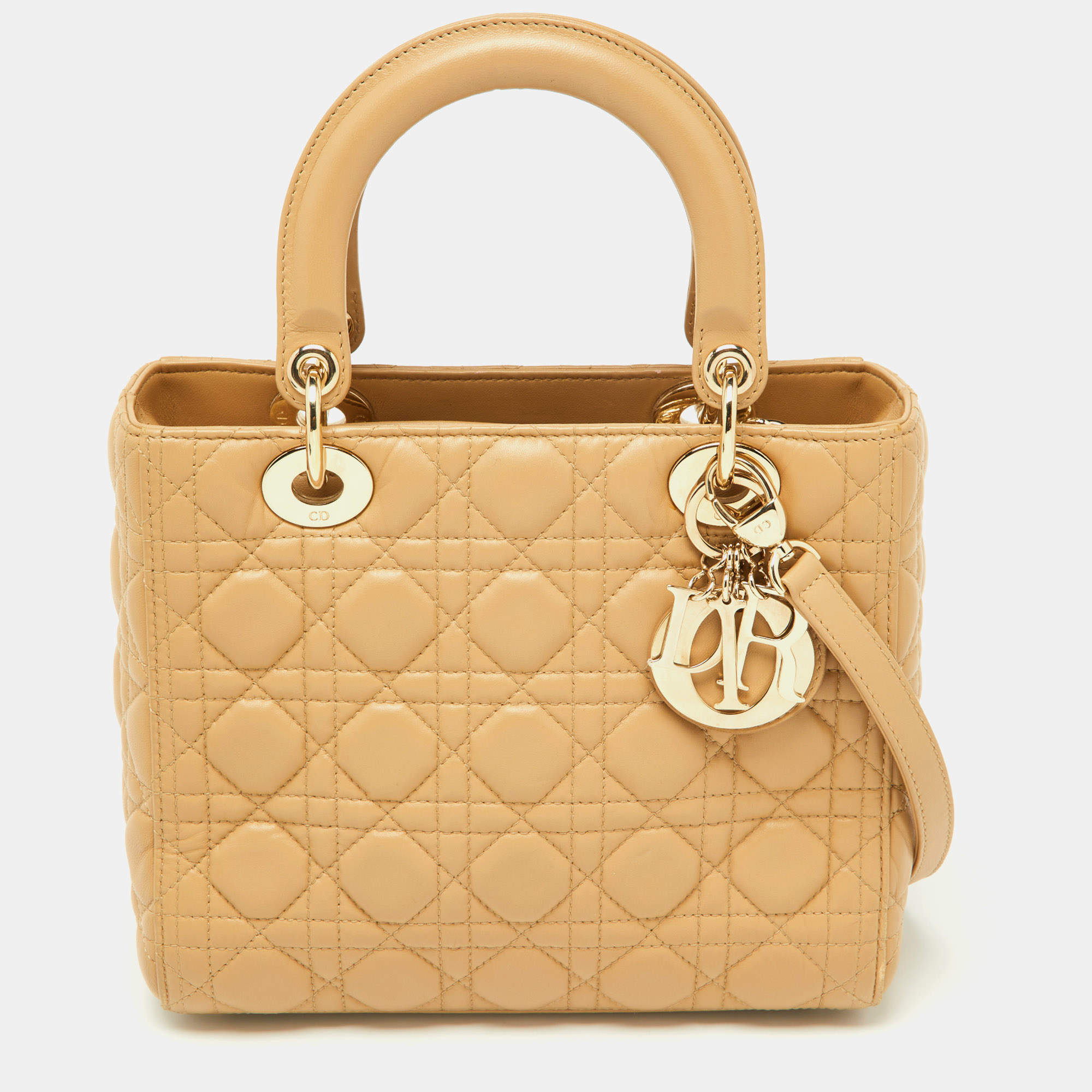 Pre Owned Dior Beige Cannage Quilted Leather Medium Lady Dior Tote