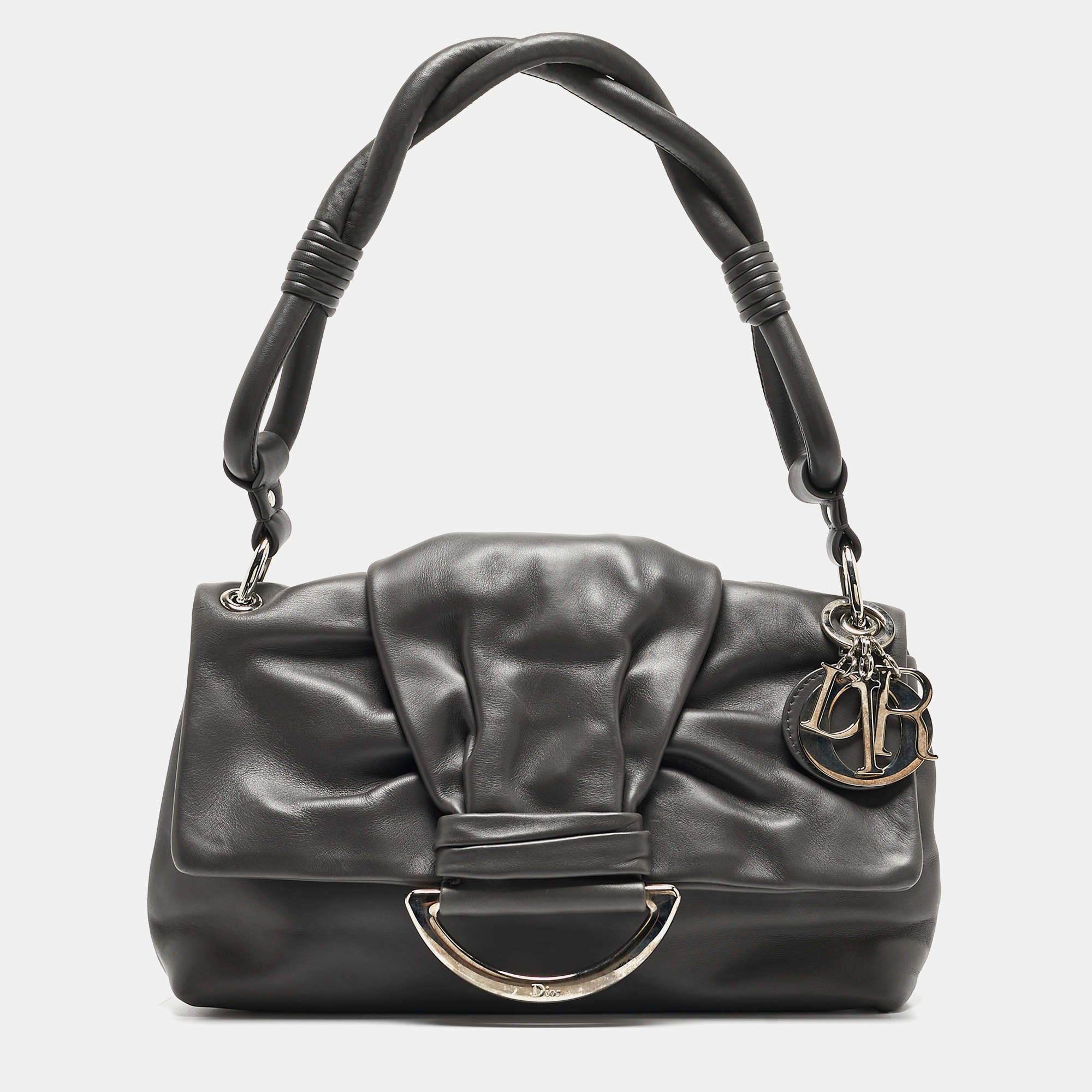 Pre Owned Dior Dark Grey Leather Small Demi Lune Flap Bag