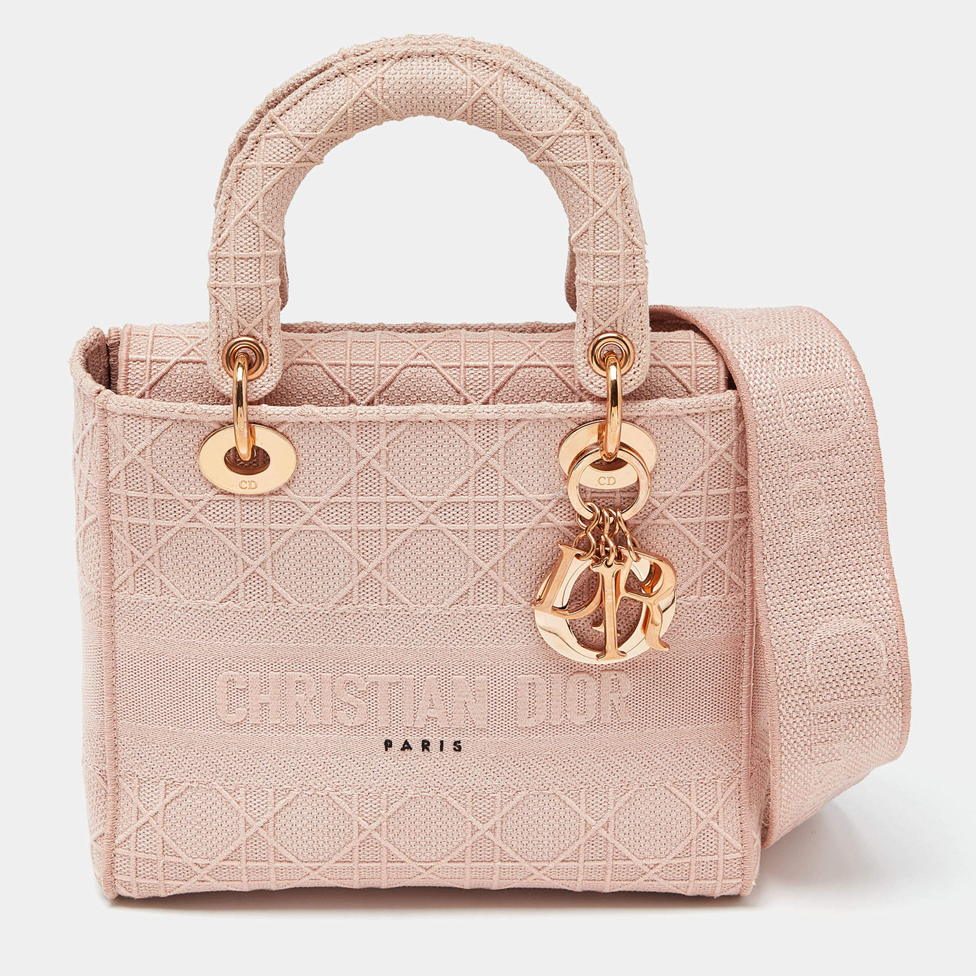 Pre Owned Dior Pink Cannage Embroidered Canvas Medium Lady D-Lite Tote