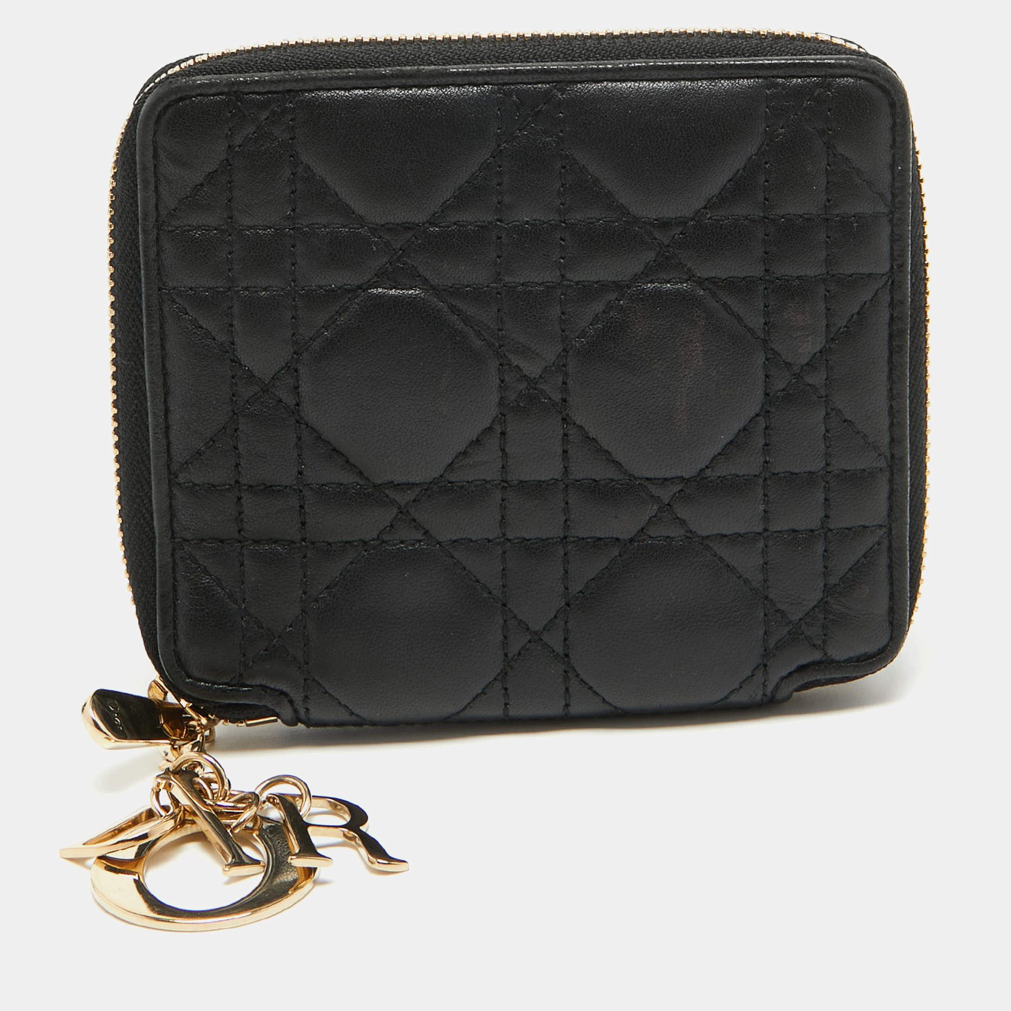 Dior Black Cannage Leather Lady Dior Voyageur Compact Wallet