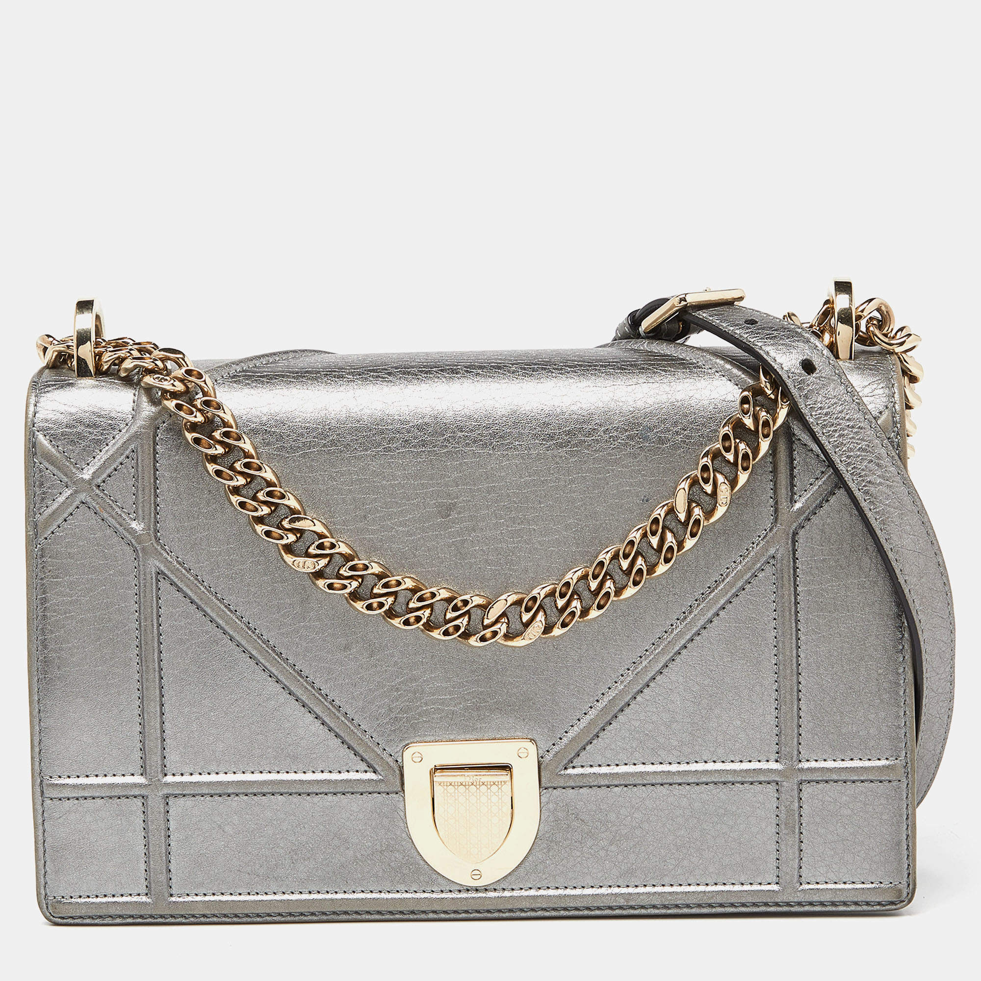 Pre Owned Dior Metallic Leather Medium Diorama Flap Shoulder Bag