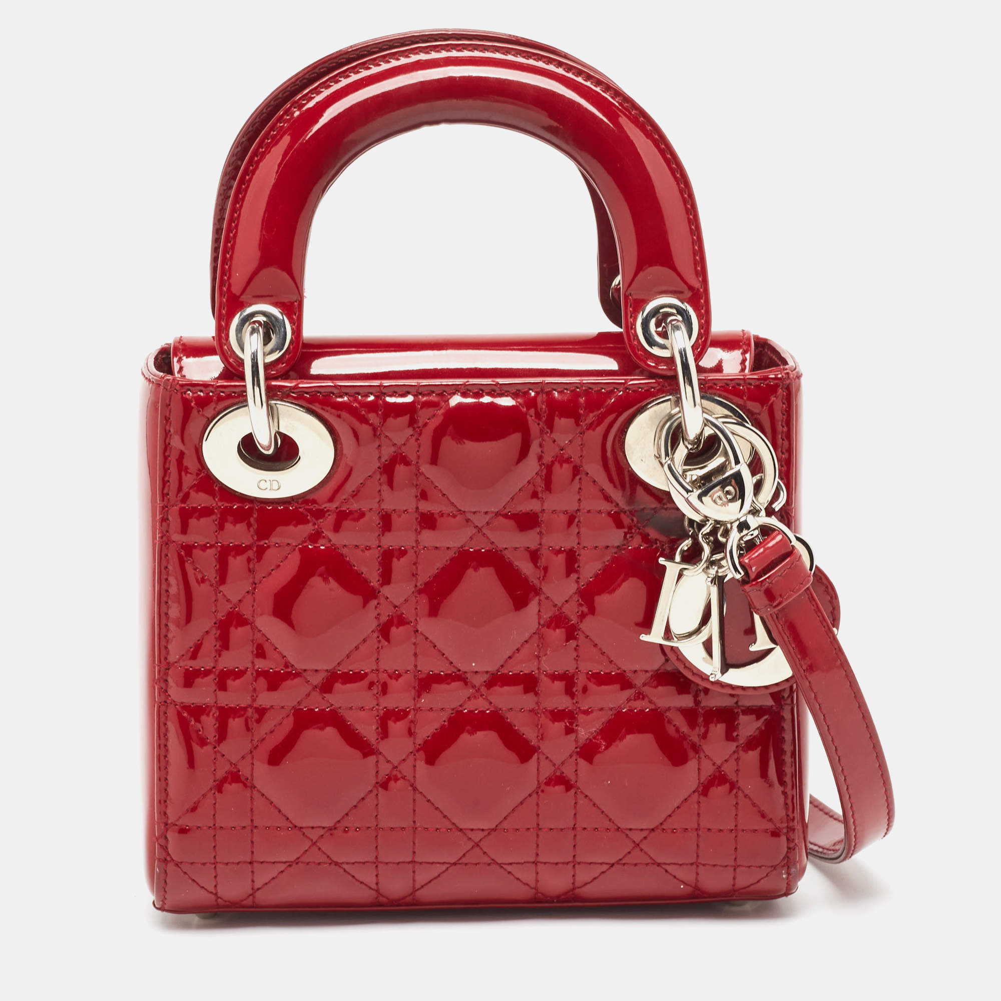 Pre Owned Dior Red Cannage Patent Leather Mini Lady Dior Tote