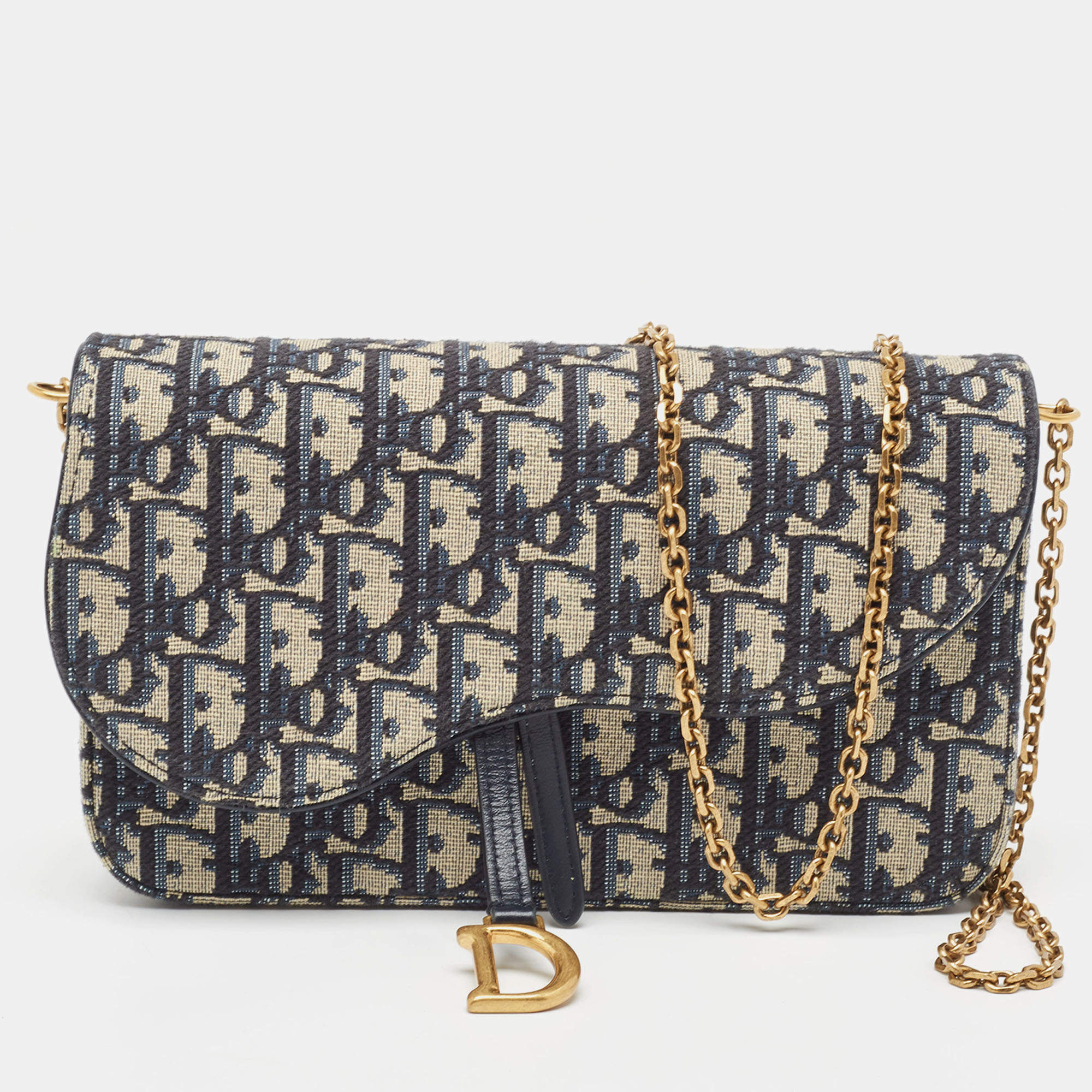 Dior Navy Blue/Beige Oblique Canvas Saddle Chain Pouch