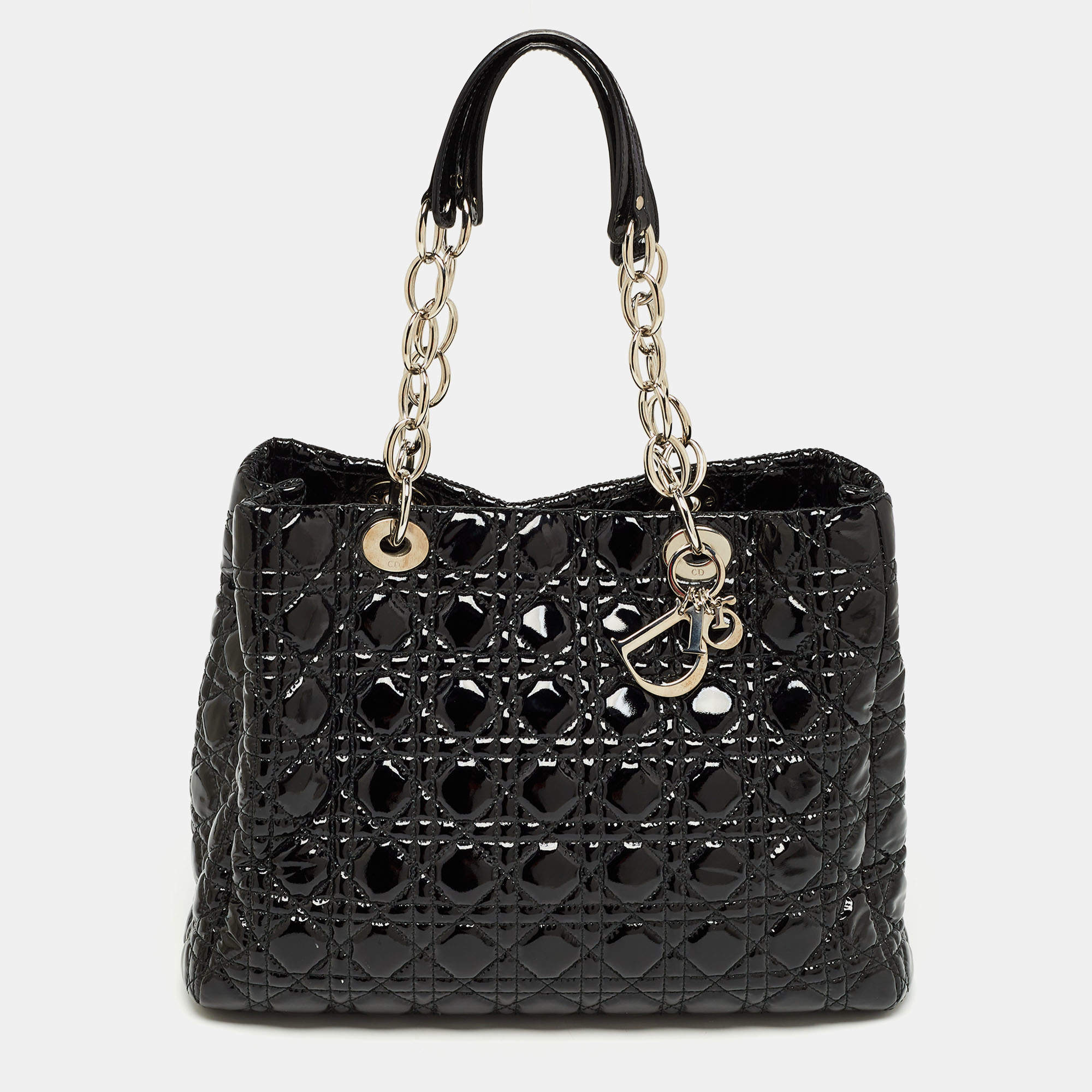 Pre Owned Dior Black Cannage Patent Leather Large Soft Lady Dior Shopper Tote