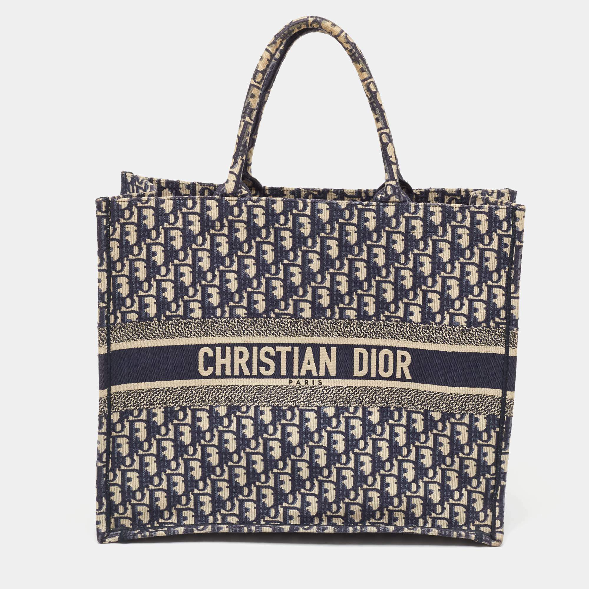 Pre Owned Dior Navy Blue Oblique Embroidered Canvas Large Book Tote