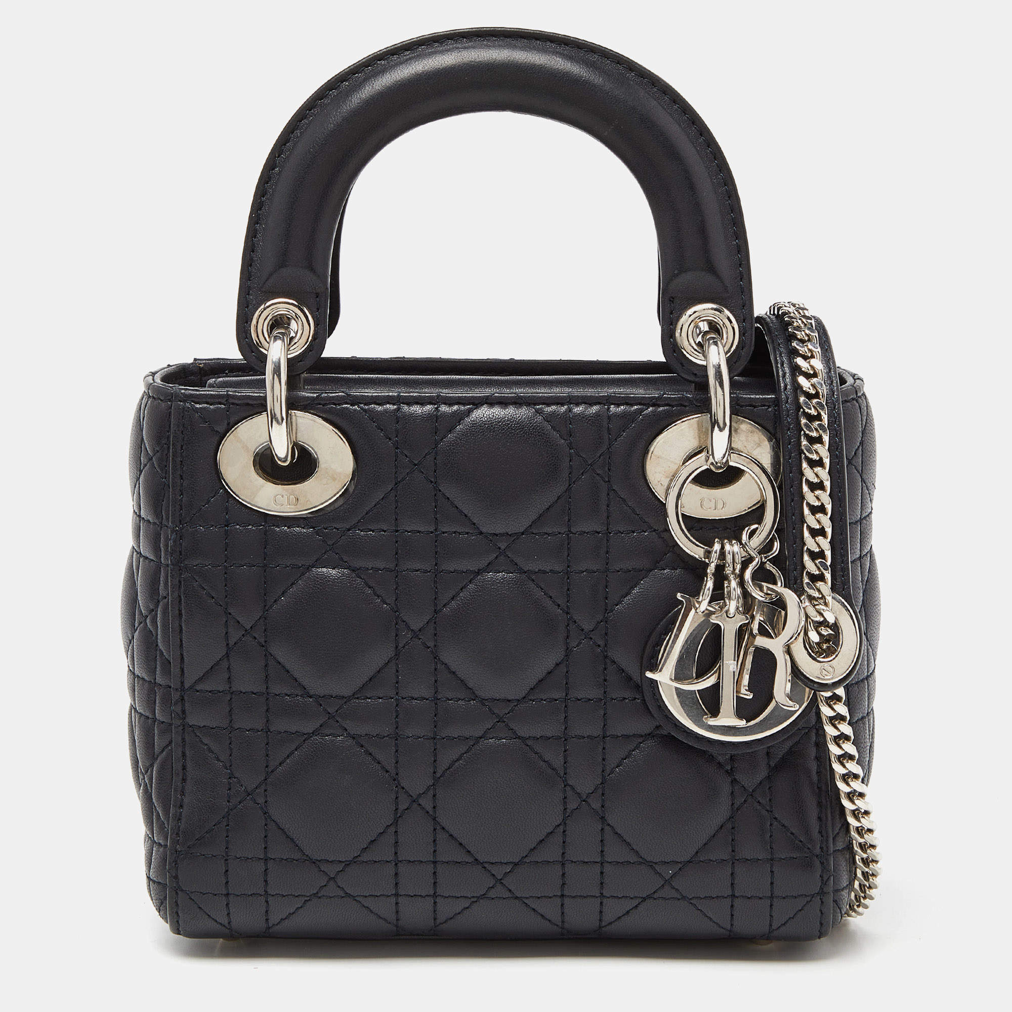 Pre Owned Dior Dark Blue  Cannage Leather Mini Lady Dior Tote