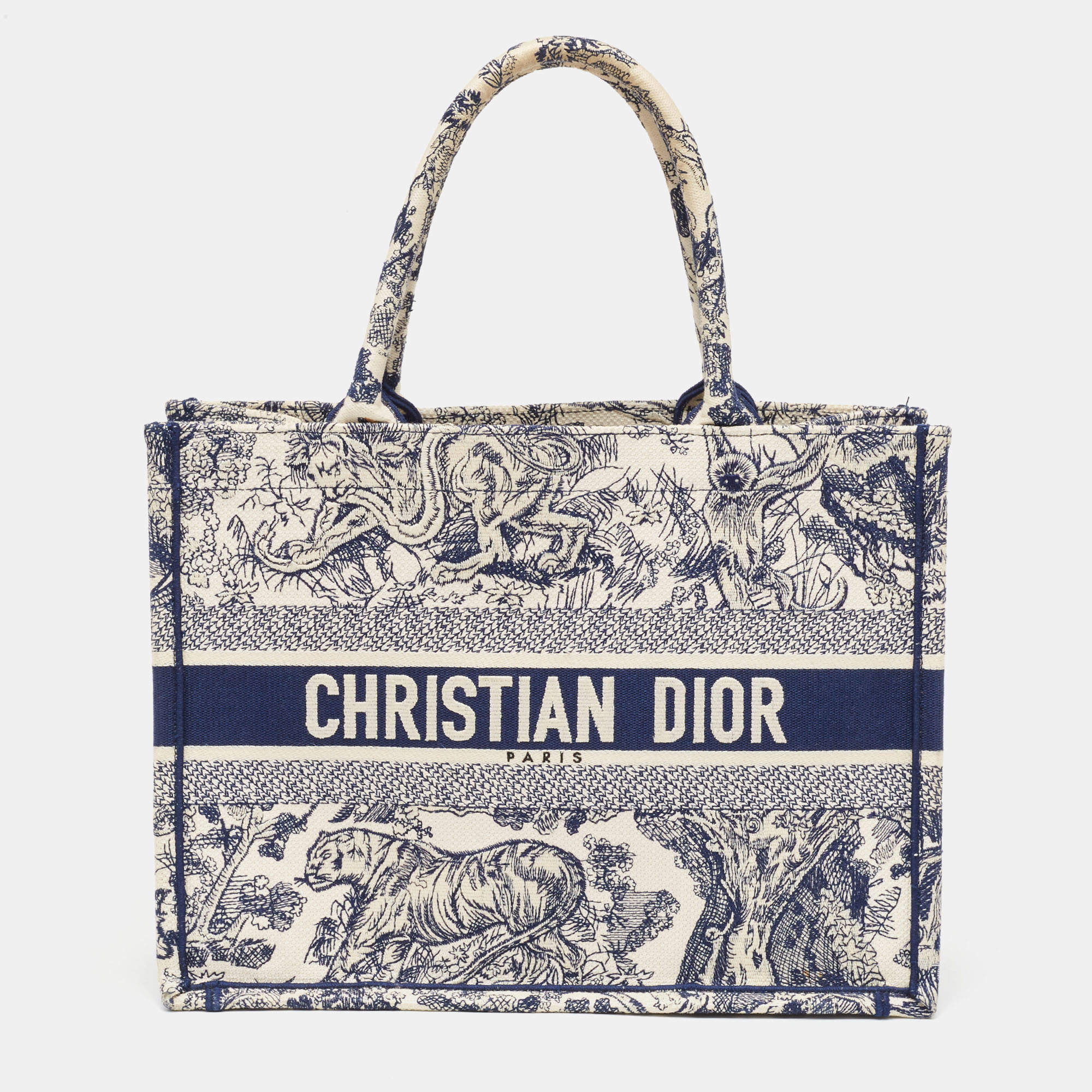 Pre Owned Dior Navy Blue/White Toile De Jouy Embroidery Canvas Medium Book Tote