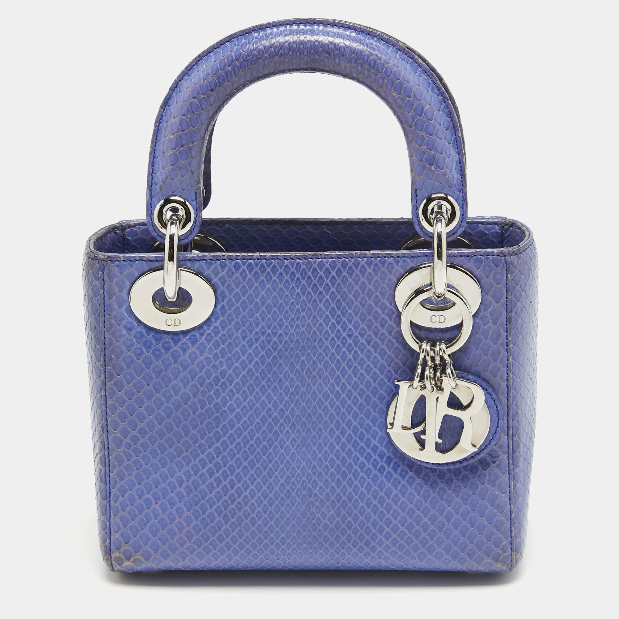 Pre Owned Dior Blue Snakeskin Mini Lady Dior Tote