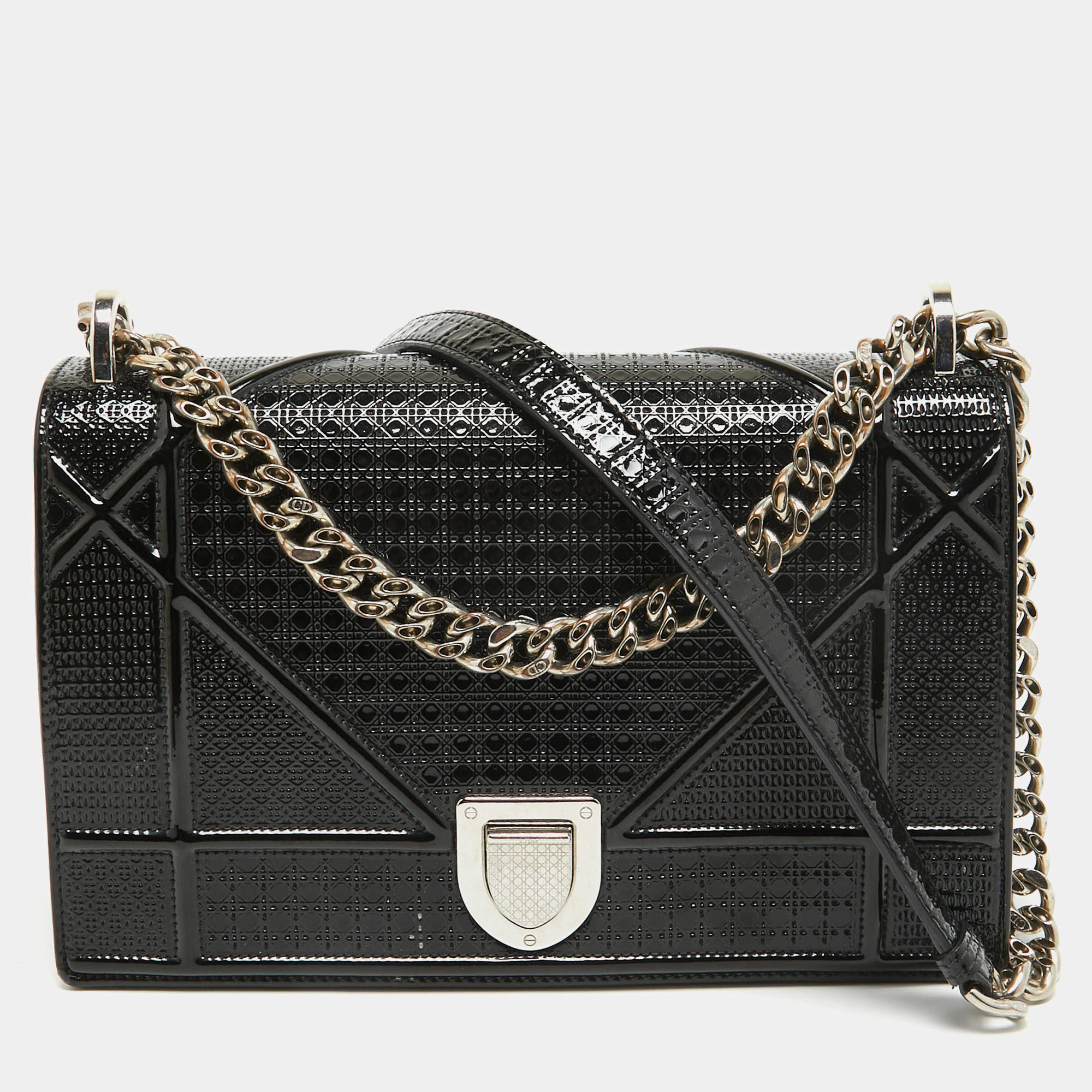 Pre Owned Dior Black Microcannage Patent Leather Medium Diorama Flap Shoulder Bag