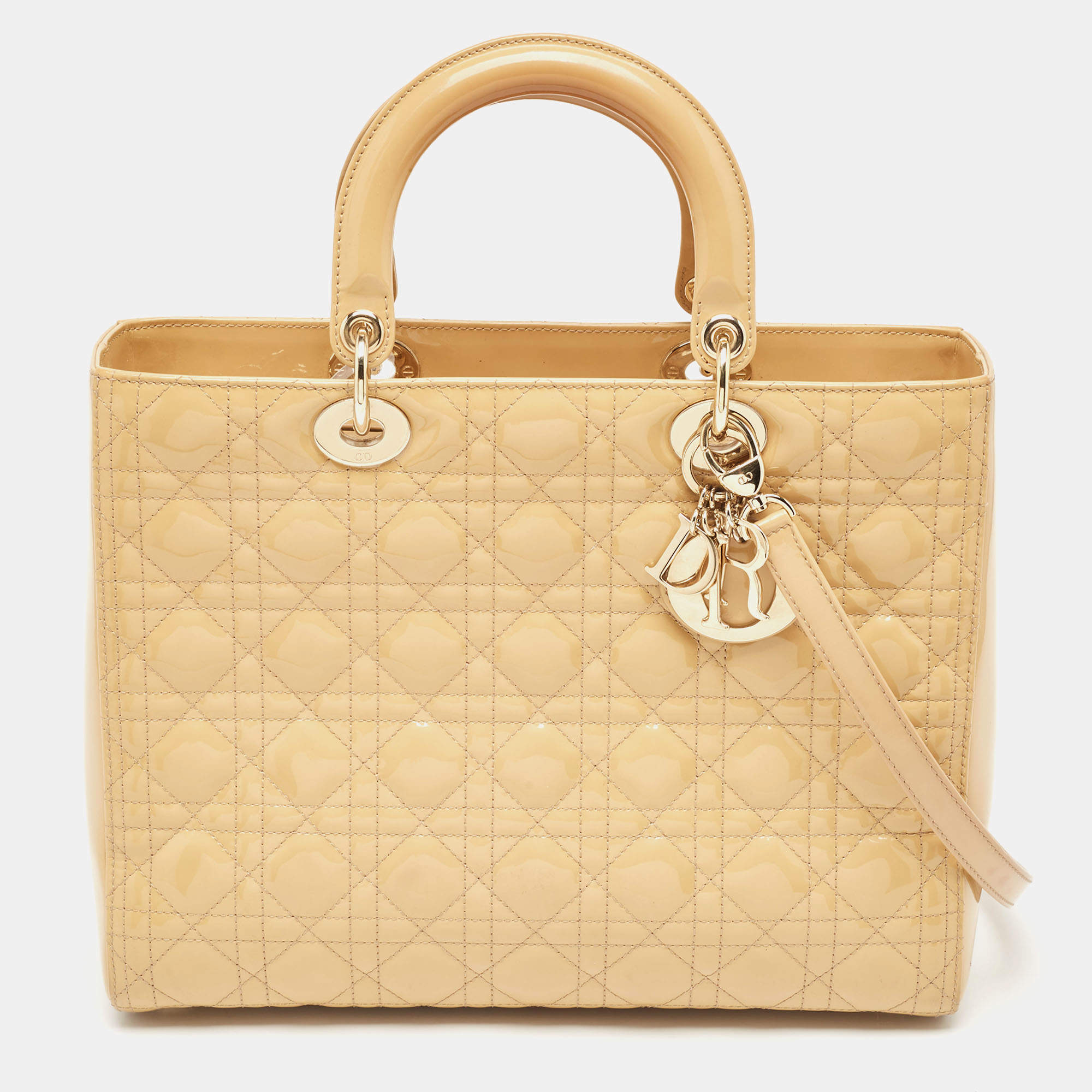 Pre Owned Dior Beige Cannage Patent Leather Large Lady Dior Tote