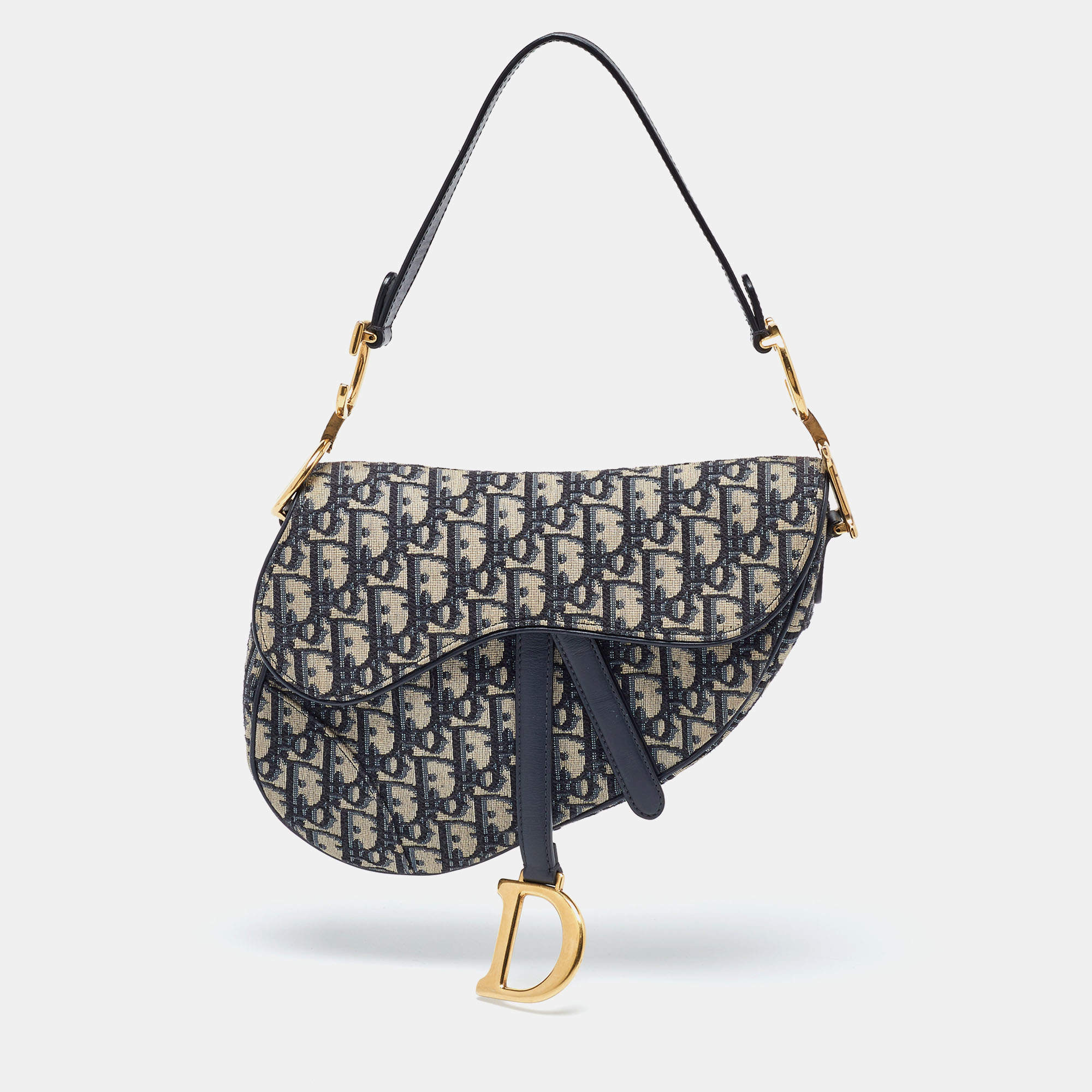 Pre Owned Dior Blue Oblique Canvas and Leather Saddle Bag