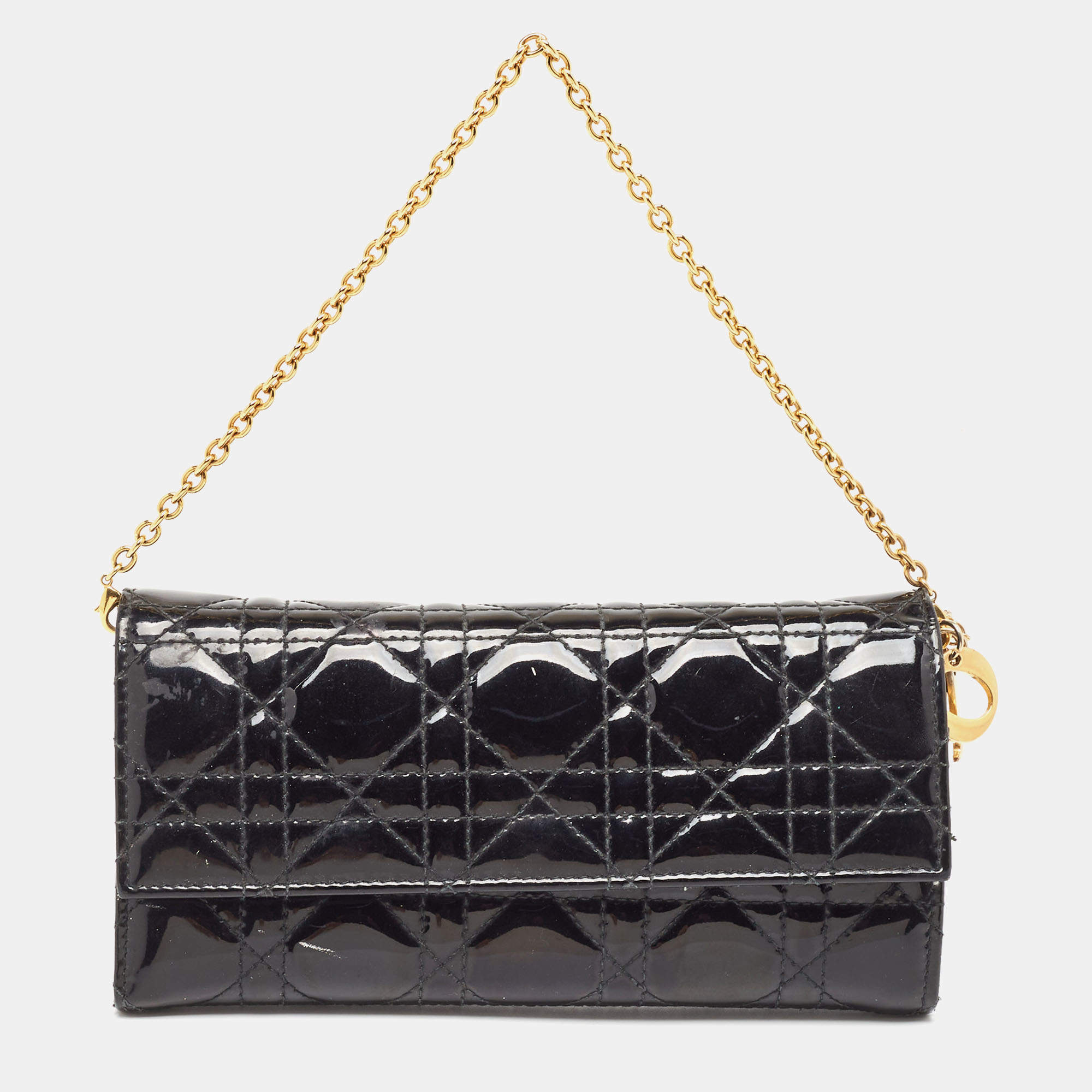 Pre Owned Dior Black Cannage Patent Leather Lady Dior Wallet on Chain